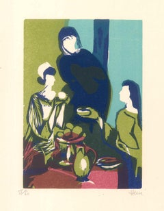 Trois femmes à manger - Lithographie originale de Jeannine Herv - 1950 environ.