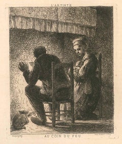 Au coin du feu - Incisione originale in b/n di Armand Queyroy - Fine del 19° secolo.