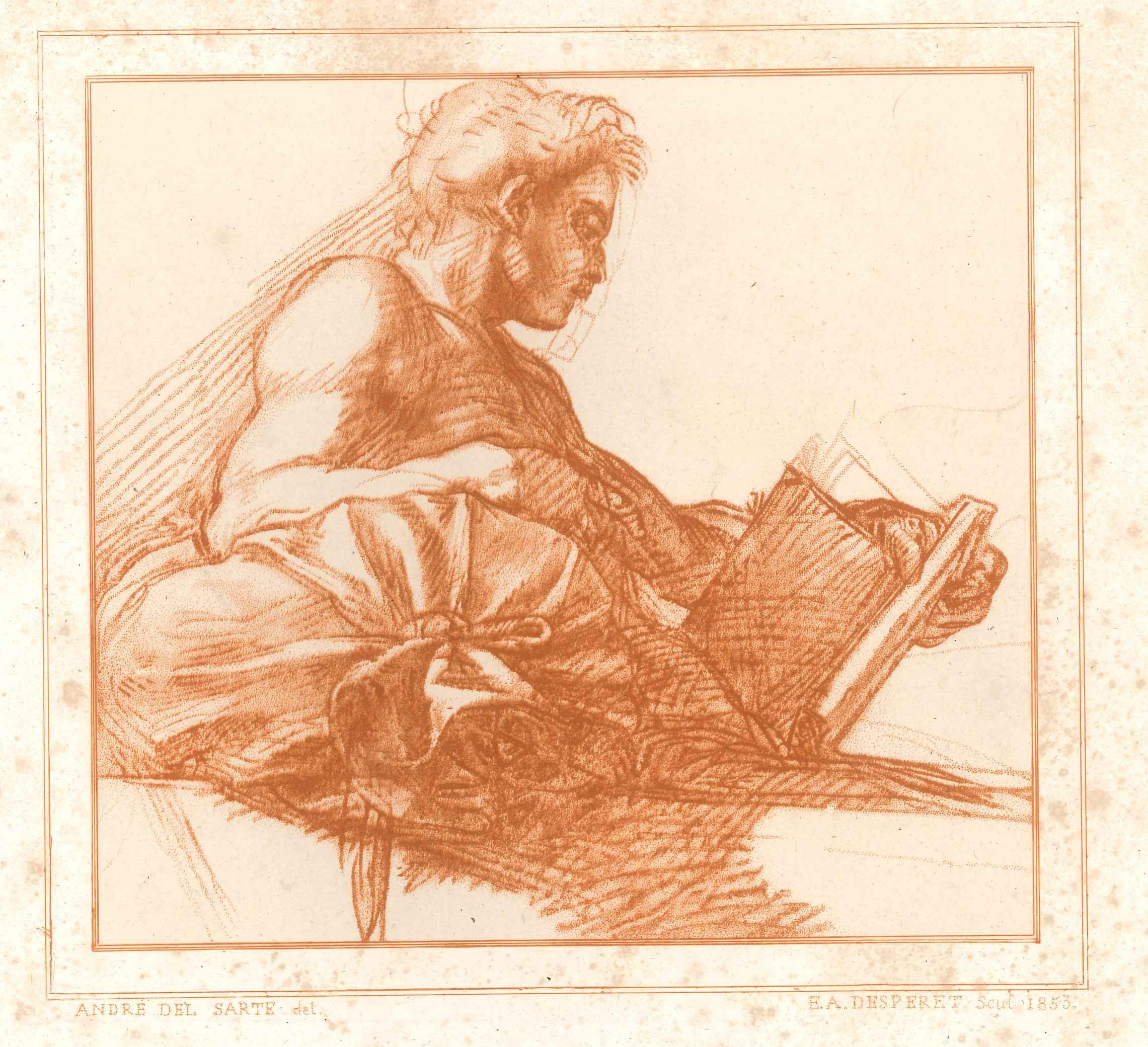Reading man is a superb original print "en manière de crayon" by Auguste Desperet, after Andrea Del Sarto.  
Image dimensions: 17x17 cm.
This is a wonderful burnt Sienna artwork representing a man reading a book is realized with a wise and rapid