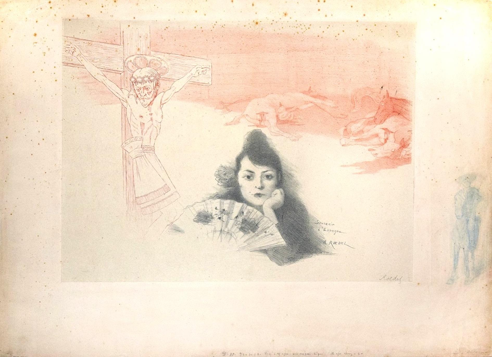 Souvenir d'Espagne ist ein Originalkunstwerk von Auguste Roedel aus dem Jahr 1903. Original-Lithoraph mit Bleistiftzeichnung am unteren Mittelrand.

Handsigniert mit Bleistift vom Künstler in der rechten unteren Ecke. 

Passepartout inklusive (cm 51