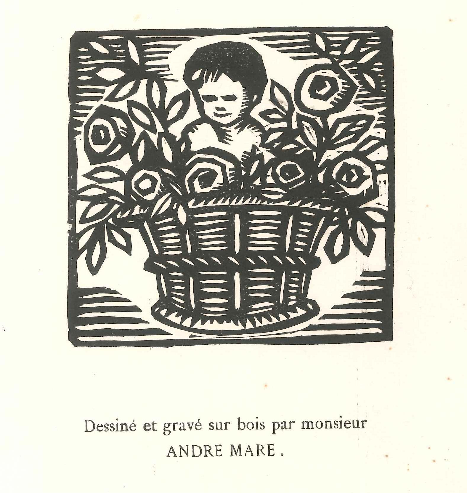 Child in the flower basket is a fine original print (engraved in the wood) by André Mare (Argentinian, 1885 - 1932), as the typewritten note reports below the image.

In excellent conditions, except for a normal yellowing on the margins and a light