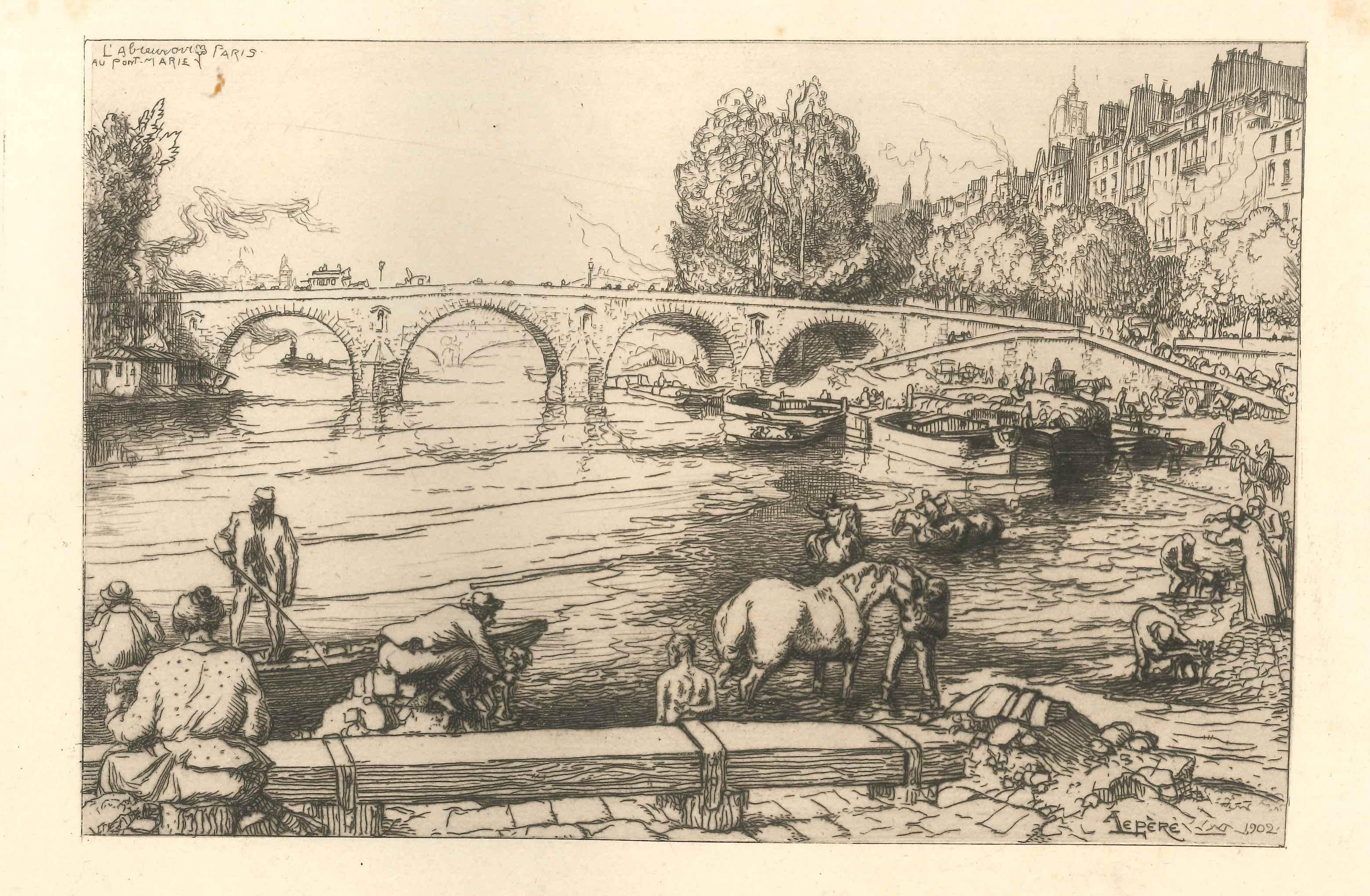 Auguste Lepère Landscape Print – Le Pont Marie – Original-Radierung von Auguste Lepre – 1902