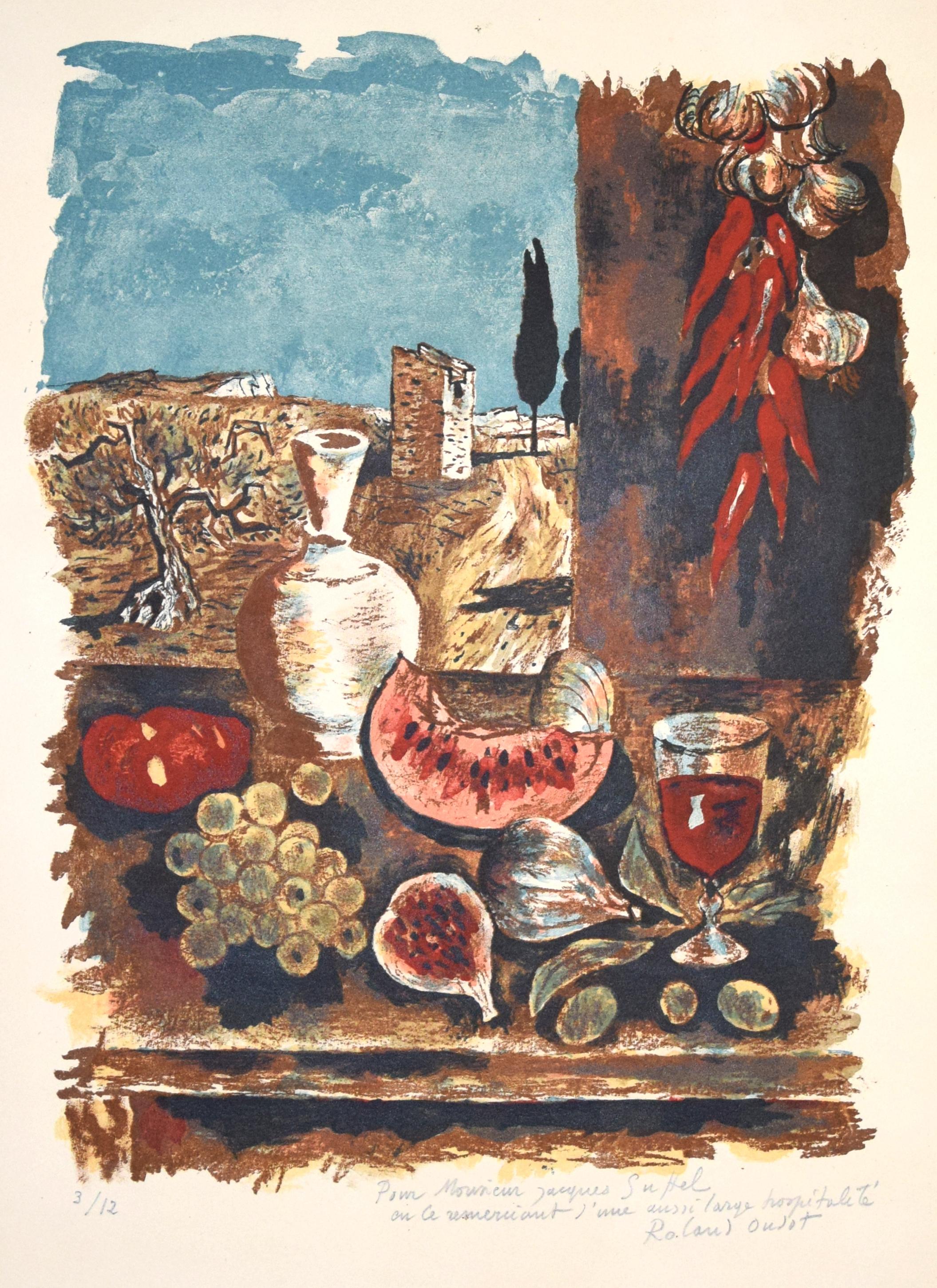 Still Life with Blue Sky is an original artwork realized by Roland Oudot in the XX Century. Original colored Lithograph. 

Numbered in pencil on the lower left; edition of 12 prints.

Hand-signed and dedicated in pencil by the artist on the lower