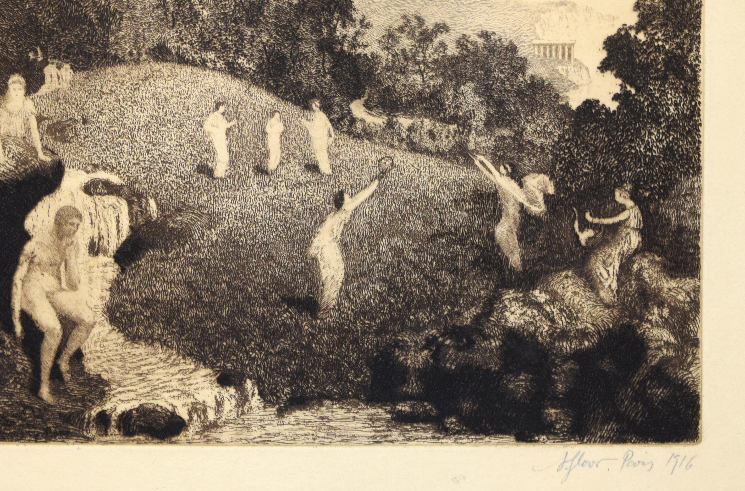 Figures in the Landscape - Etching by J. A. Flour - 1916 - Print by Jules Adrian Flour