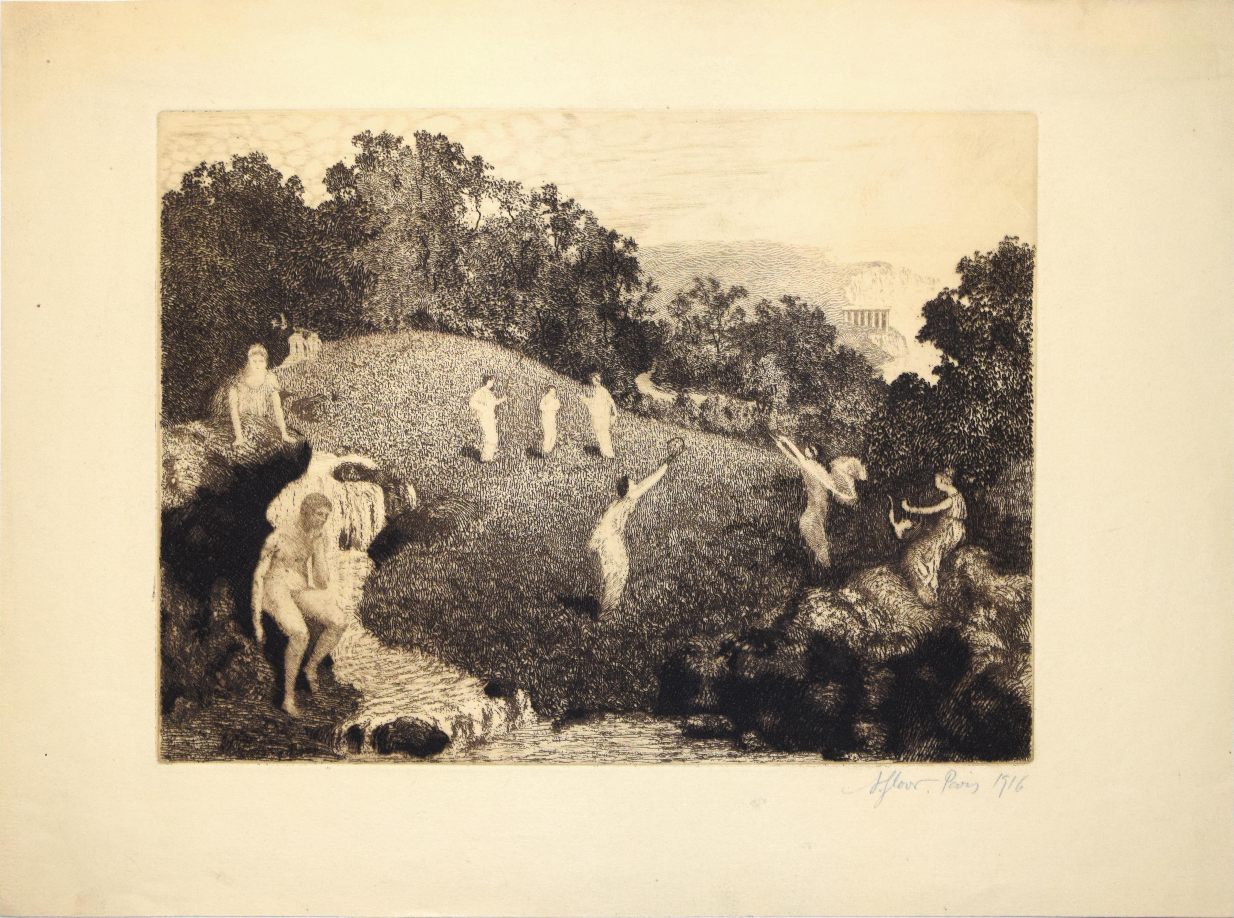 Jules Adrian Flour Landscape Print - Figures in the Landscape - Etching by J. A. Flour - 1916