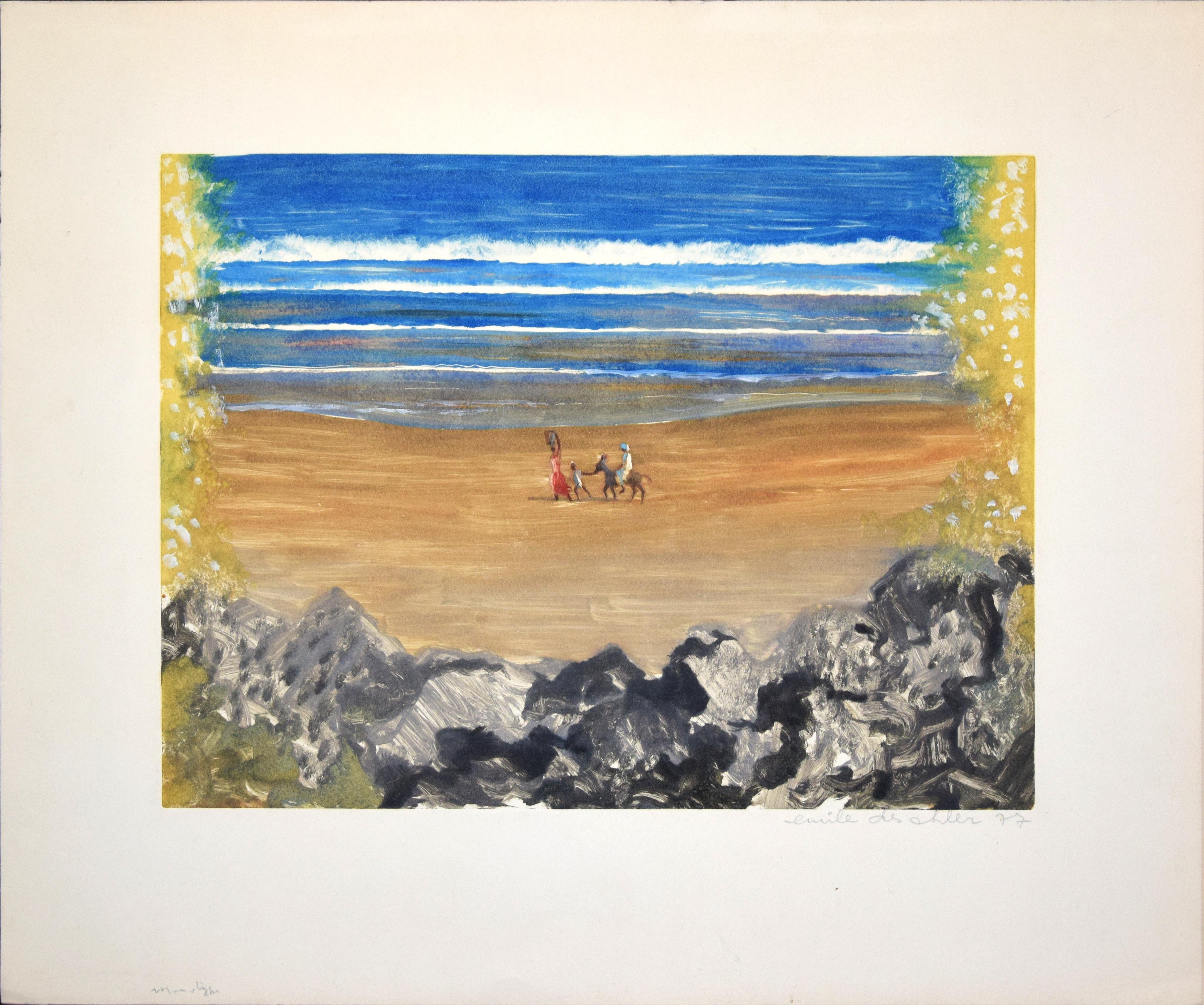 Le Retour par la Plage (Tunisie)  Monotypie von E. Deschler  1977 (Braun), Landscape Print, von Emile Deschler