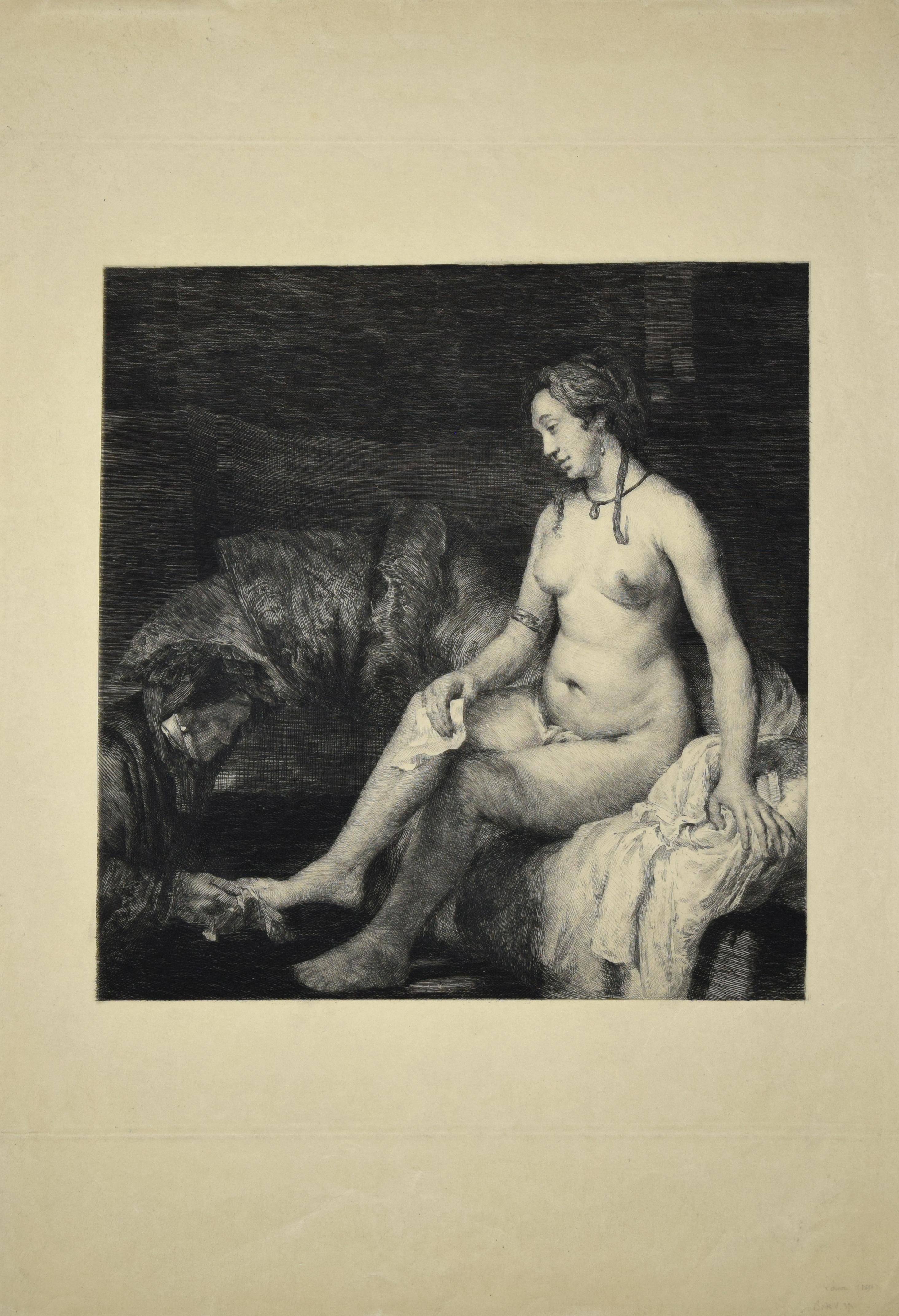 Léopold Flameng Nude Print – Le Lavement des Pieds - Lithographie d''Aprs Rembrandt von Lopold Flameng