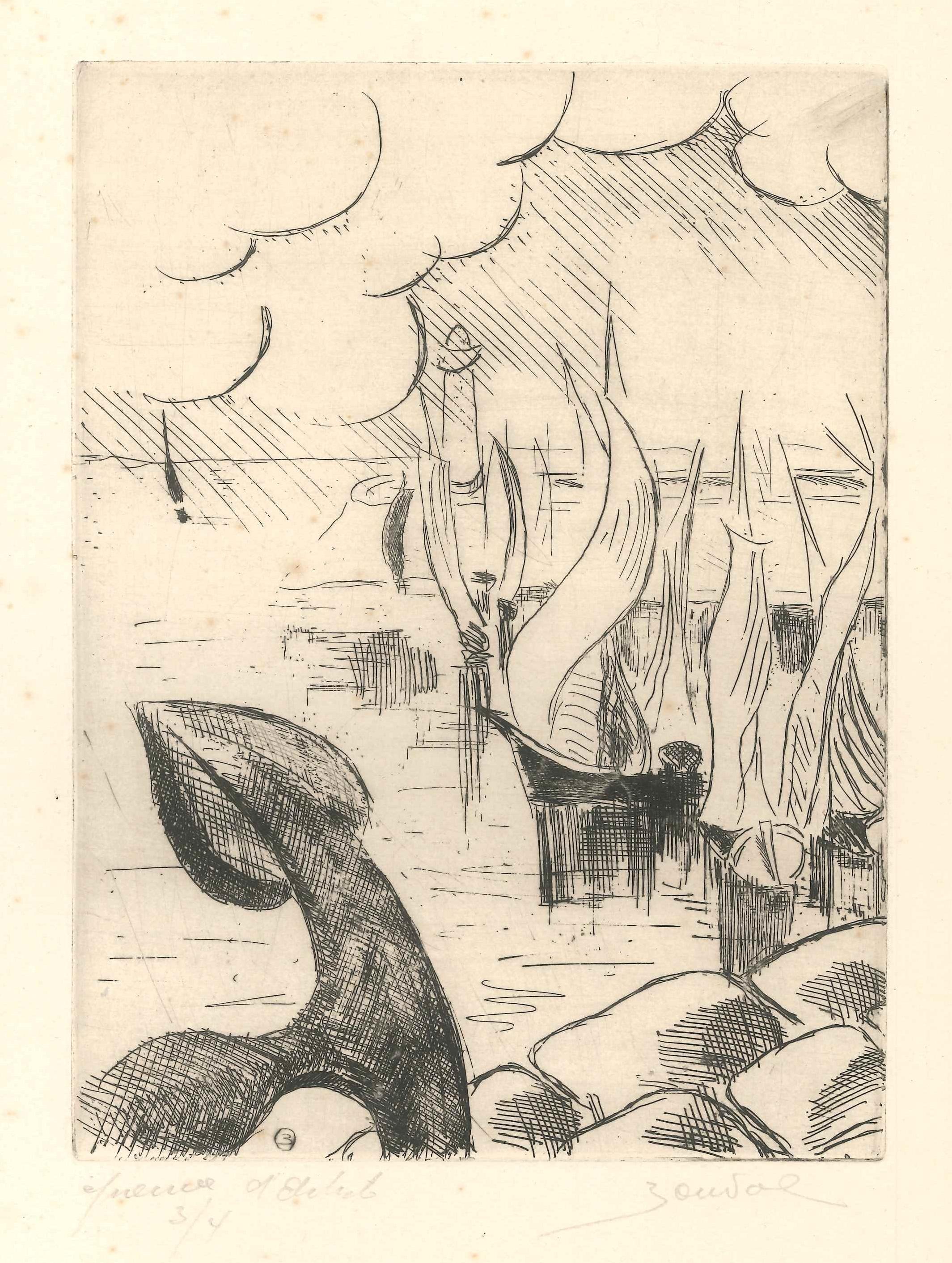 Ships is a beautiful etching realized by Jean Bondal (b. 1914).

Hand-signed and numbered in pencil on the lower margin by the artist. 

This original print representing a marine landscape with ships under a storm is a numbered artist's proof.