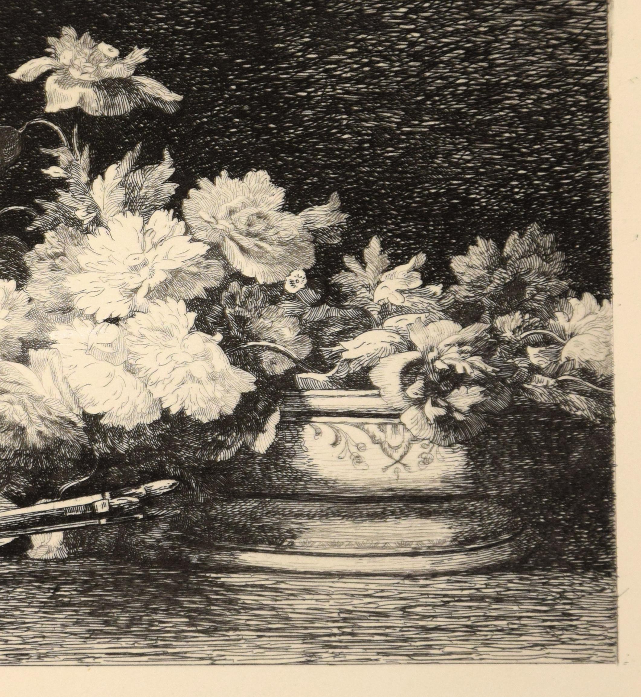 Jarrón de flores - Aguafuerte de Louis Lemaire - Década de 1870 en venta 1