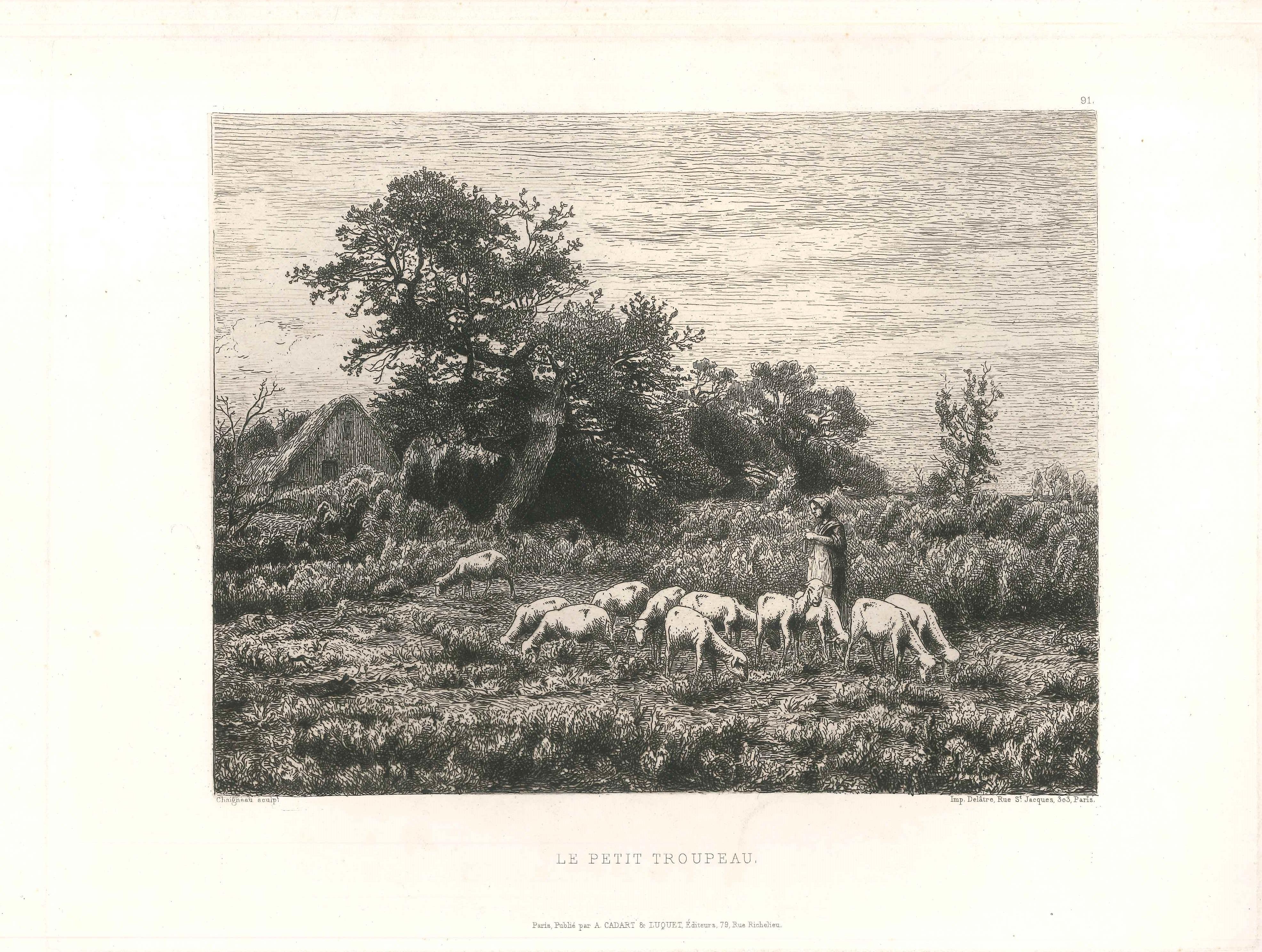 Jean-Ferdinand Chaigneau  Landscape Print - Le Petit Troupeau - Original Etching and Drypoint by J.-F. Chaigneau - 1860