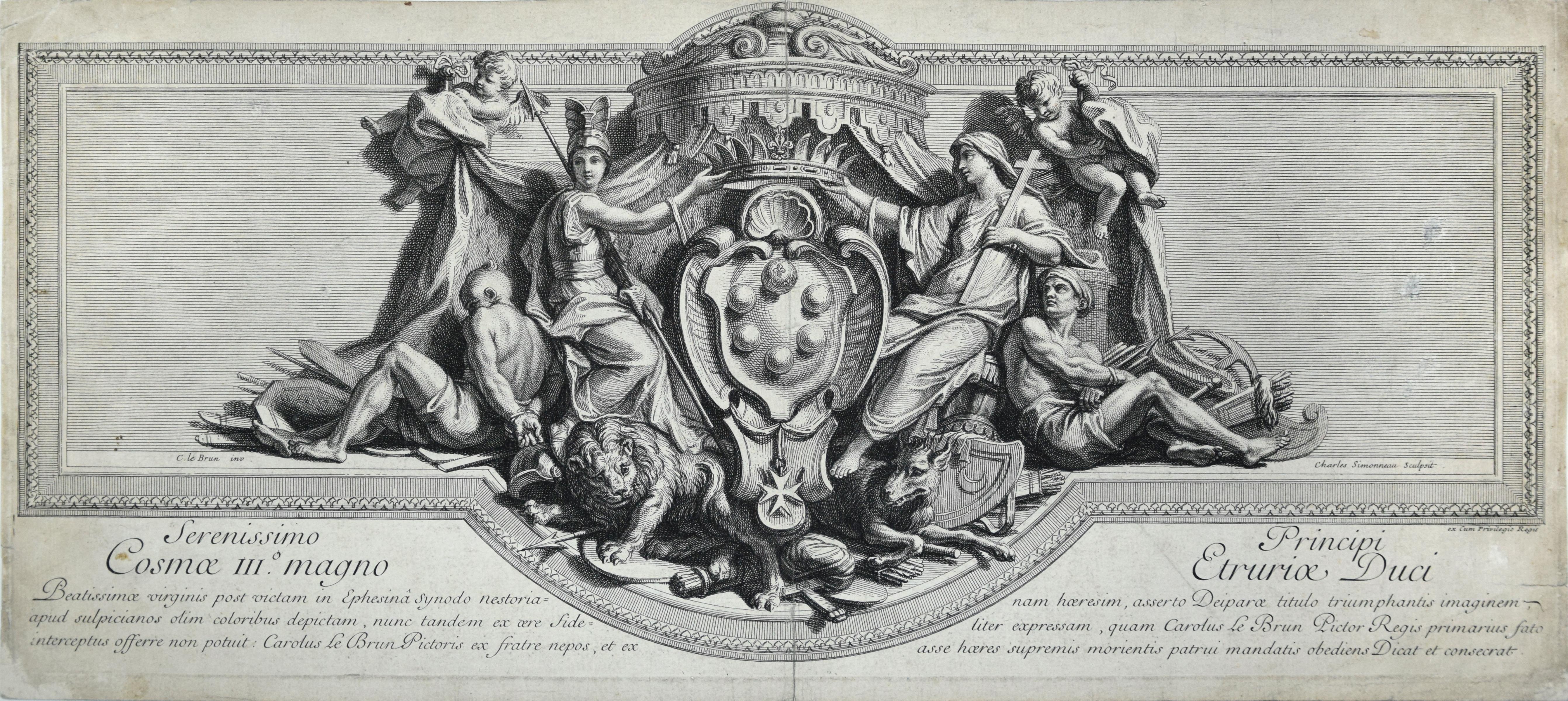 Principi Etruriae Duci ist ein Original-Kunstwerk des französischen Künstlers Charles Simonneau aus der zweiten Hälfte des XVII. Jahrhunderts.

Original-Radierung auf Papier. D'aprés Charles Le Brun.

Guter Zustand bis auf eine Falte in der Mitte
