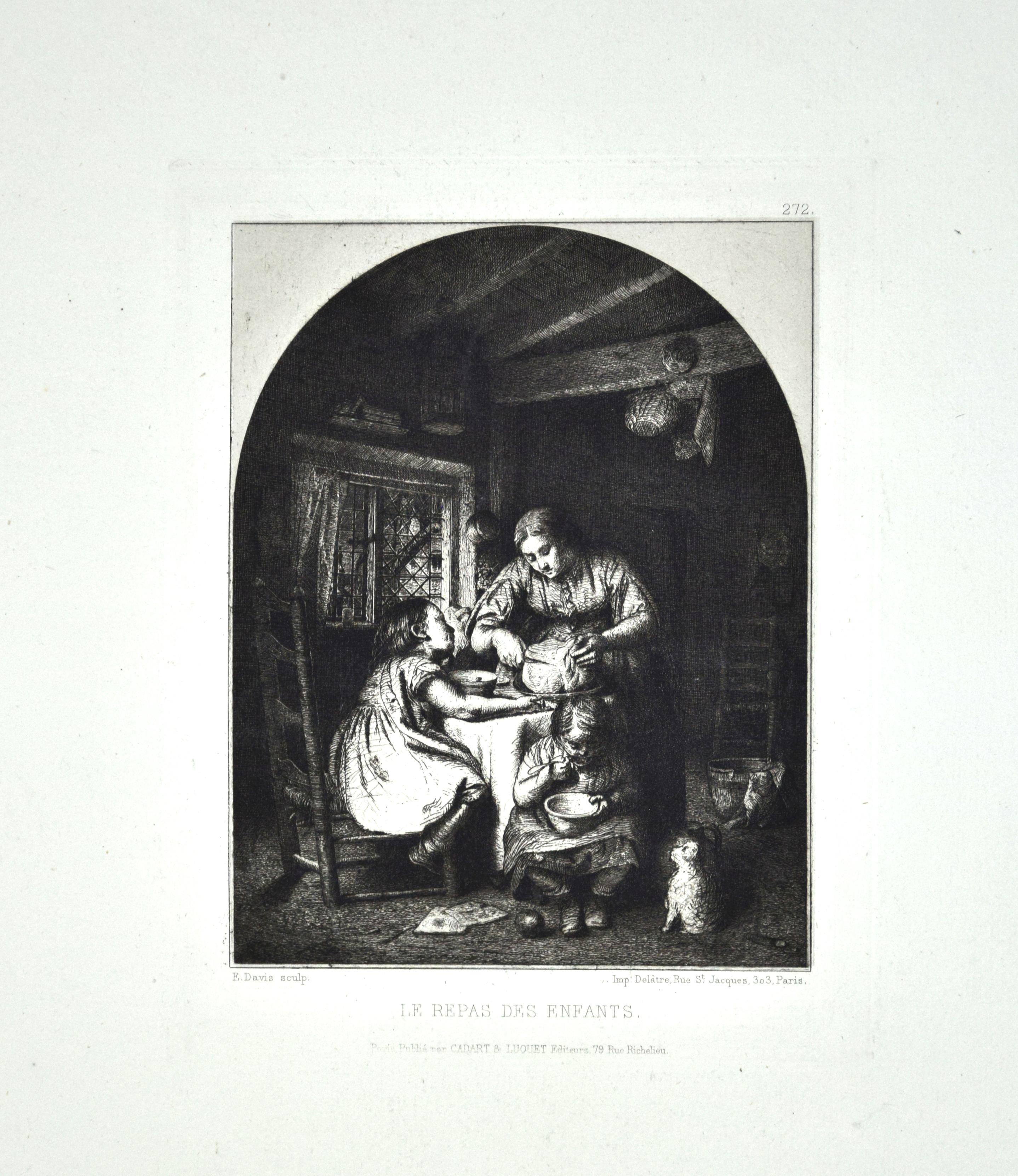 Les Repas des Enfants - Eau-forte originale d'Edward Davis - 1862 en vente 1