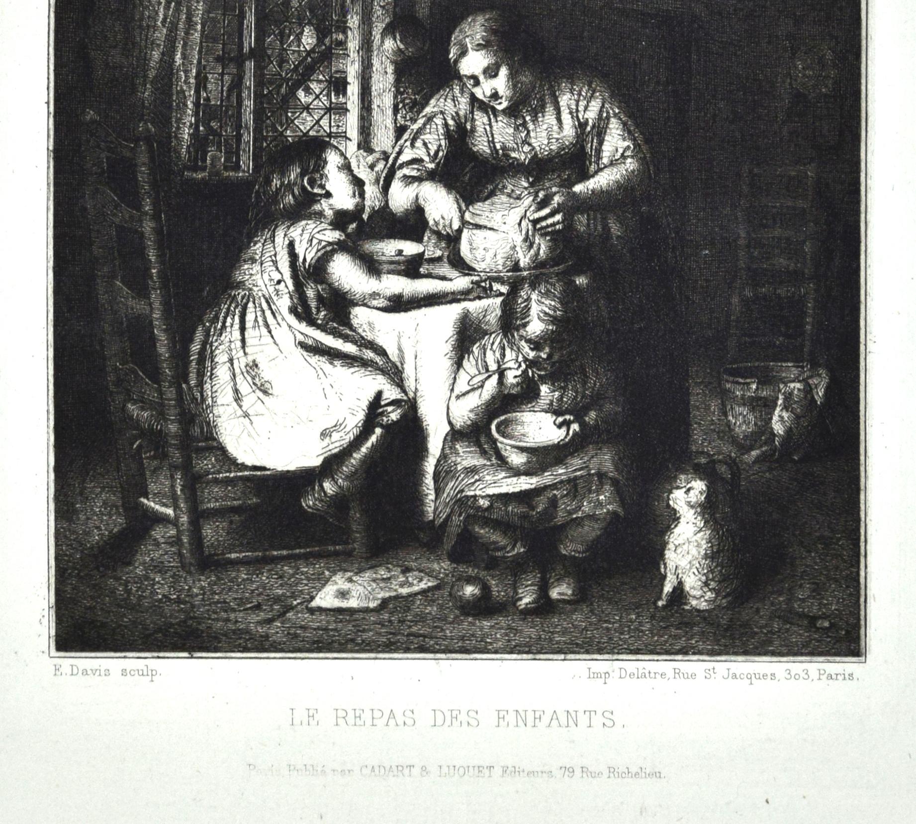 Les Repas des Enfants - Eau-forte originale d'Edward Davis - 1862 en vente 2
