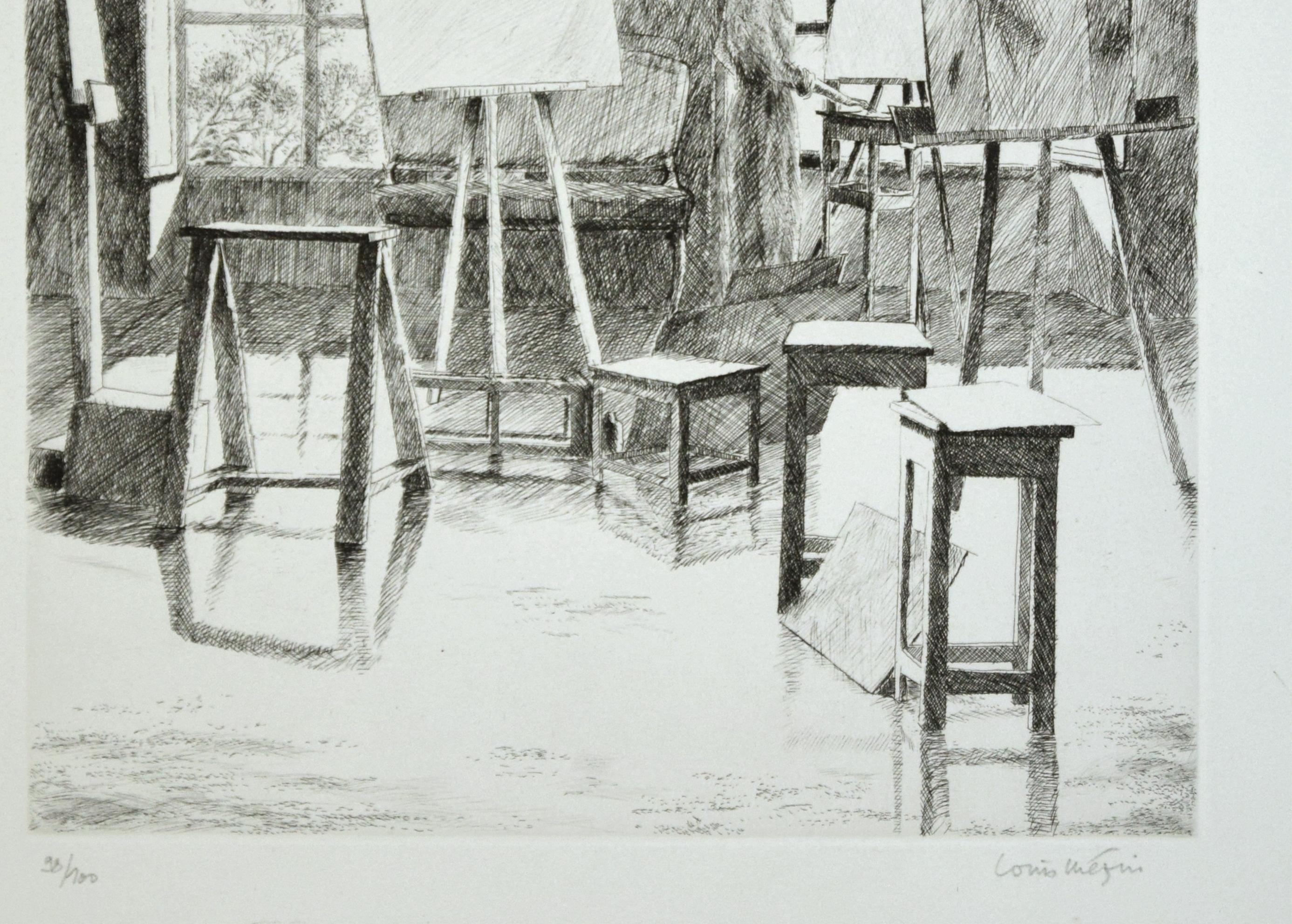 Studio Visit is an original artwork realized by the French artist Louis Mézin in the half of the XX Century. Original Etching on paper. 

Hand-signed in pencil by the artist on the lower right corner. Numbered on the lower left corner. Edition of