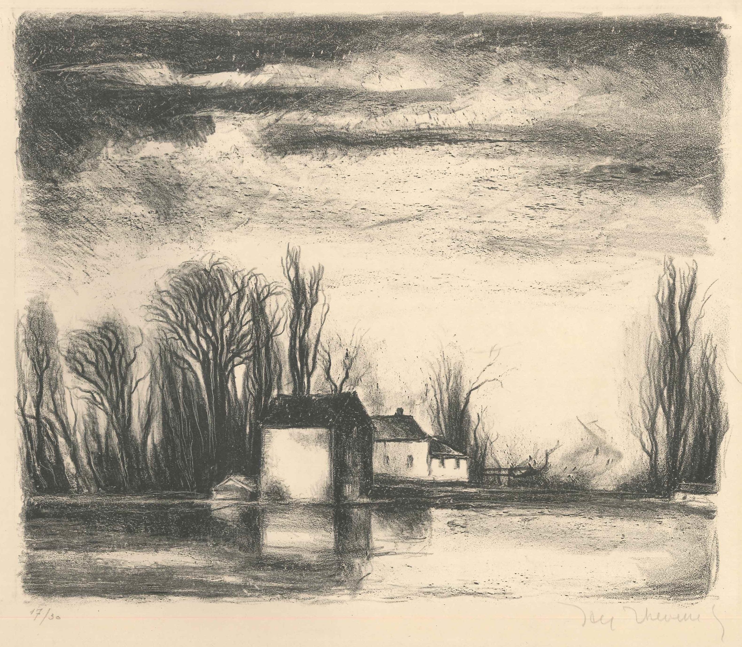 Jacques Thévenet Landscape Print - The House on the Water - Original Lithograph by J. Thévenet - 1950s