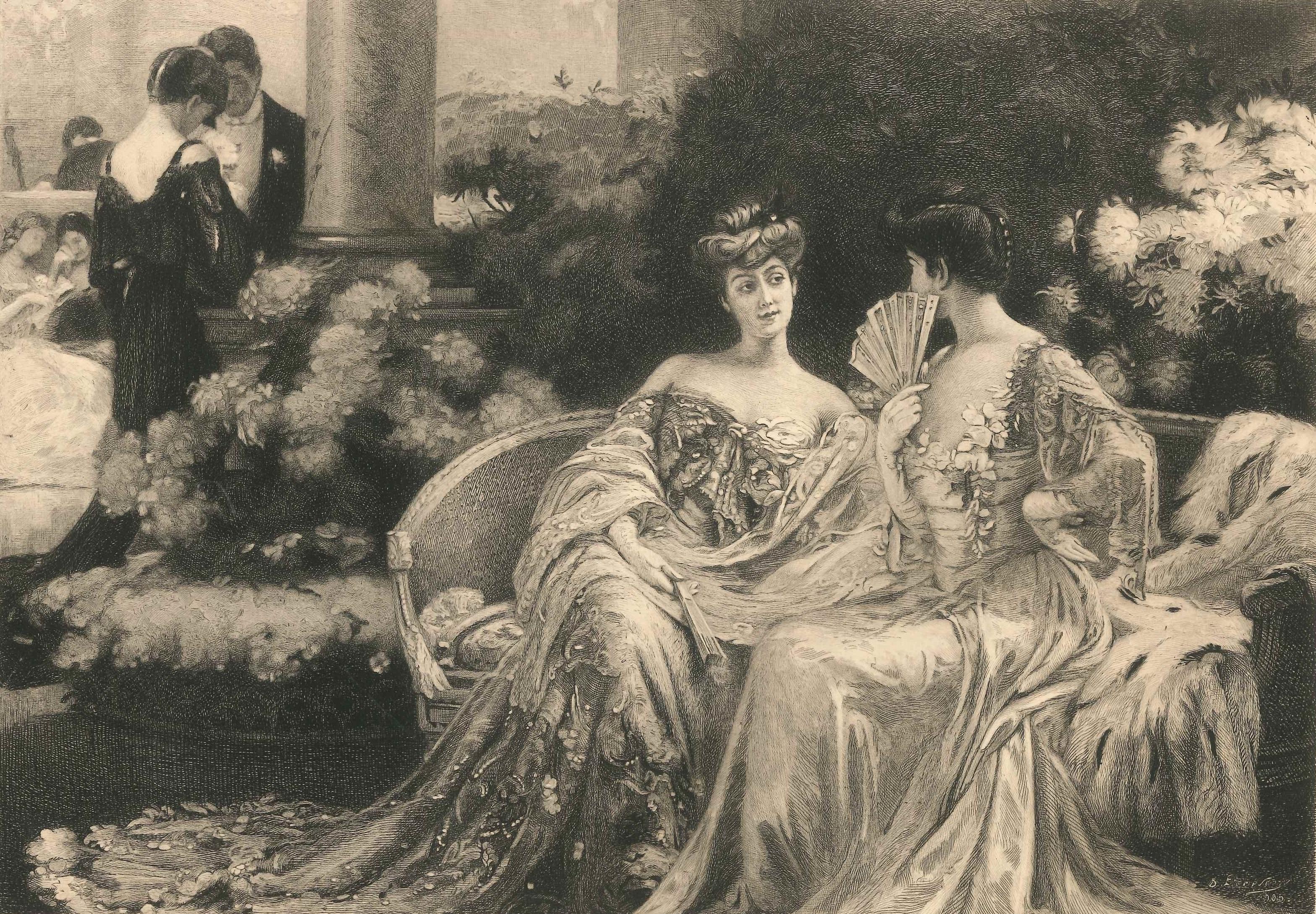 Confidences is an original artwork realized by Alfred Boulot in the first years of the XX Century. 

Original Etching on paper. Passepartout included (cm 35 x 50). 

Signed on plate on the lower left corner ("Alf. Boulot, sc"). Dry stamp on the