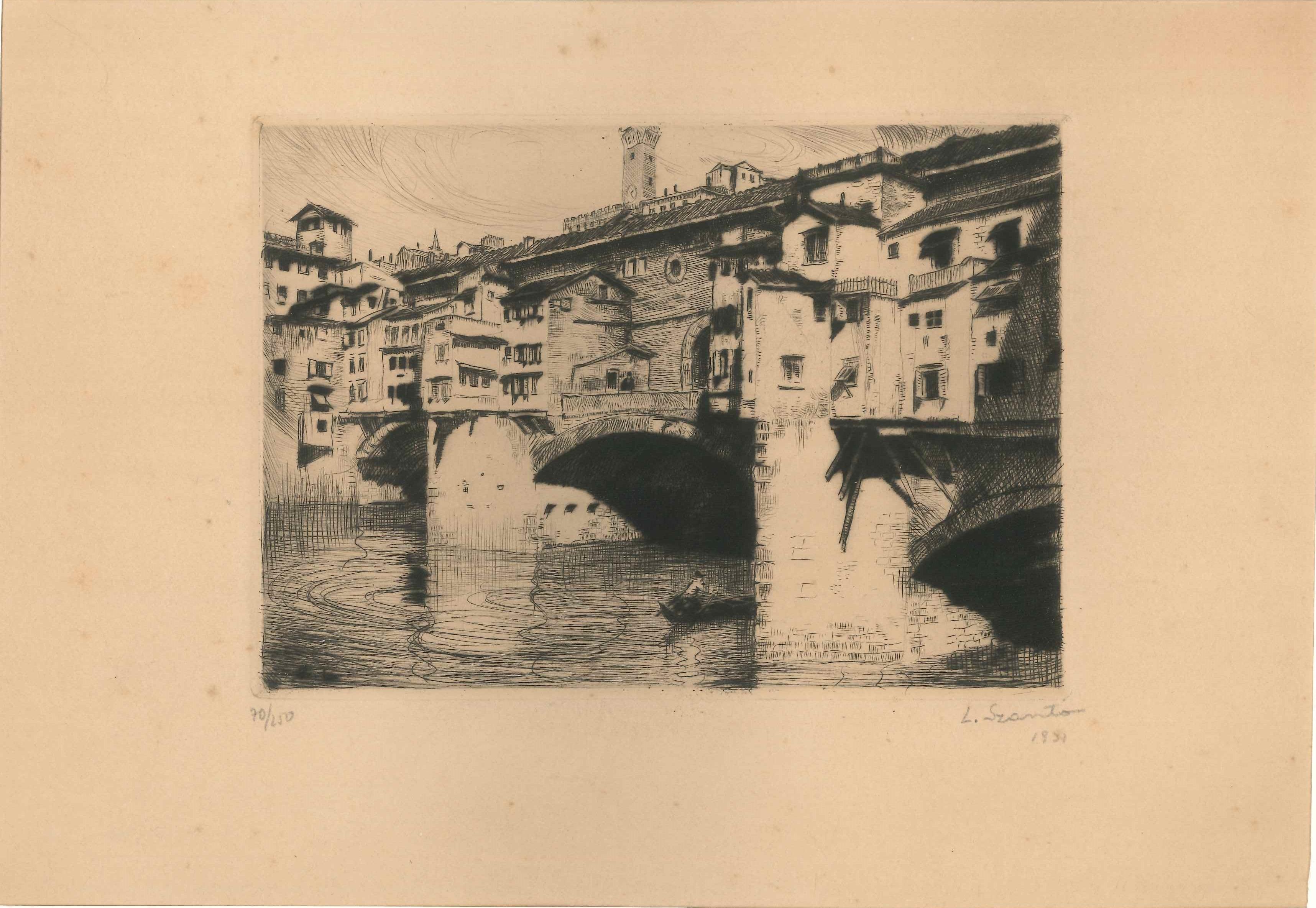 Ponte Vecchio à Florence - Original Etching by Lajos Szanto - 1931 1