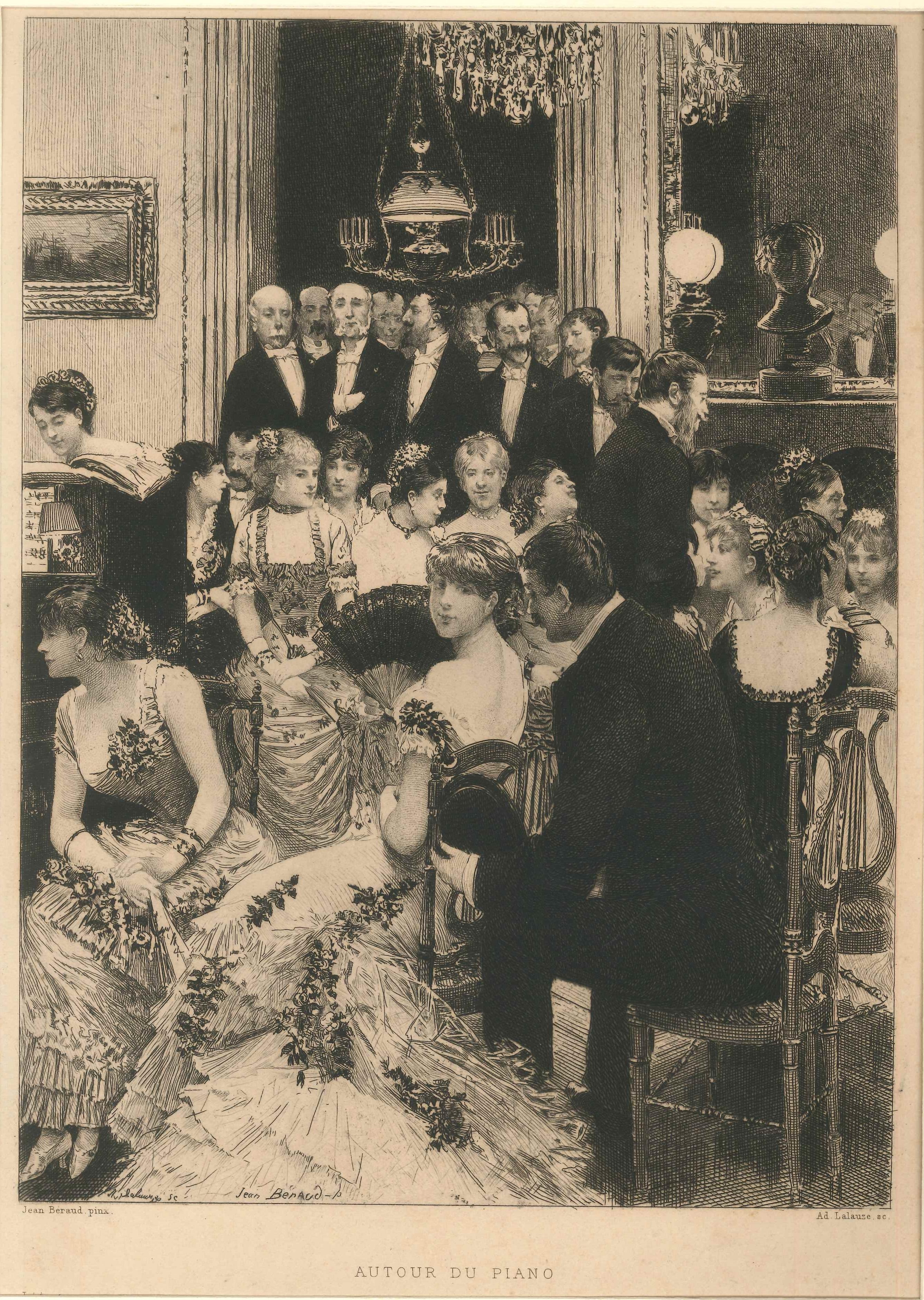 Adolphe Lalauze Interior Print - Autour du Piano - Original Etching After Jean Béraud by A. Lalauze - 1880s