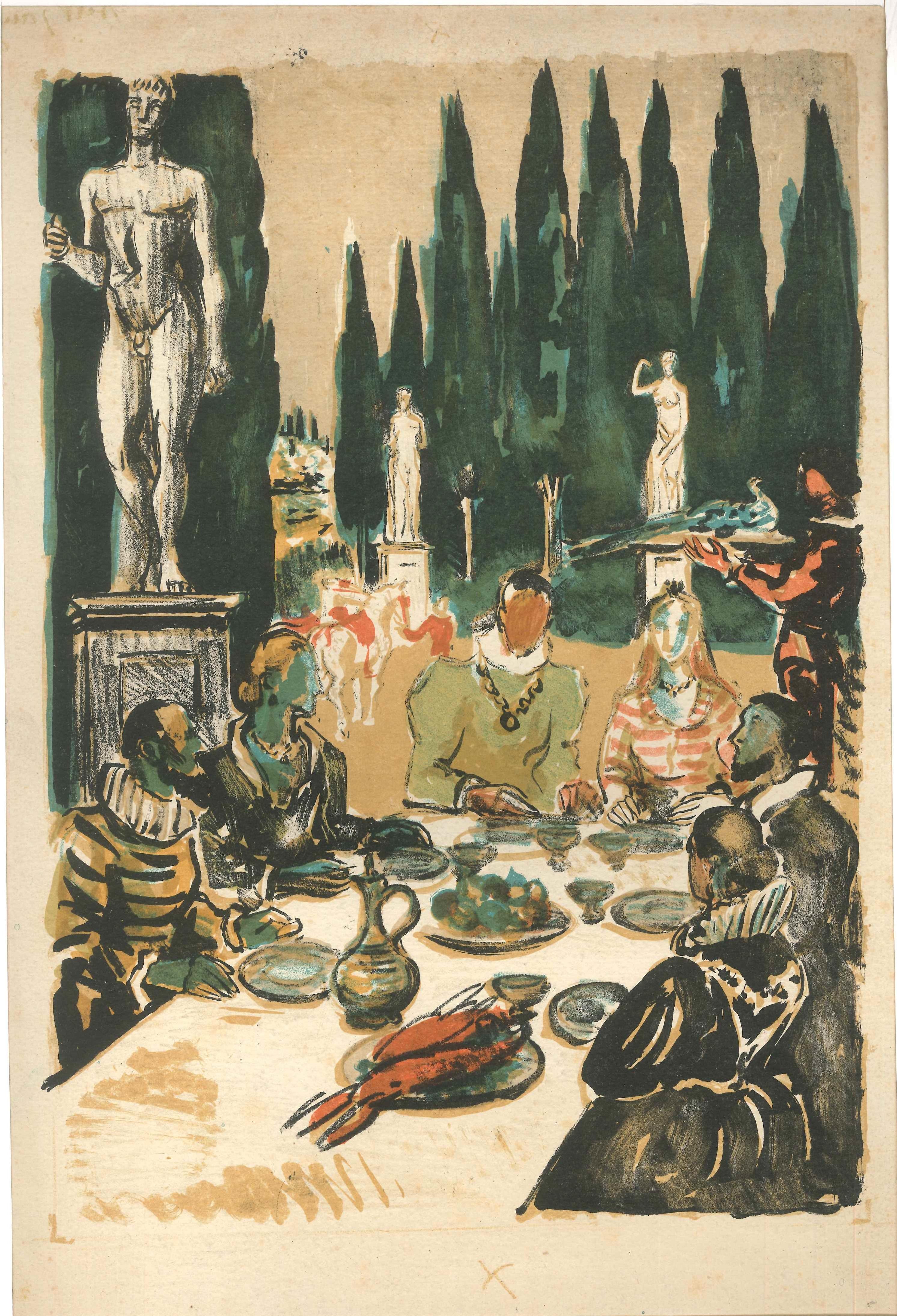 The Summer Lunch is an original artwork realized by Roland Oudot in the XX Century. 
Original colored lithograph on paper. Passepartout included (cm 50 x 35). 
Artist's Proof, before Letter.
Very good conditions. 
Very beautiful artwork representing