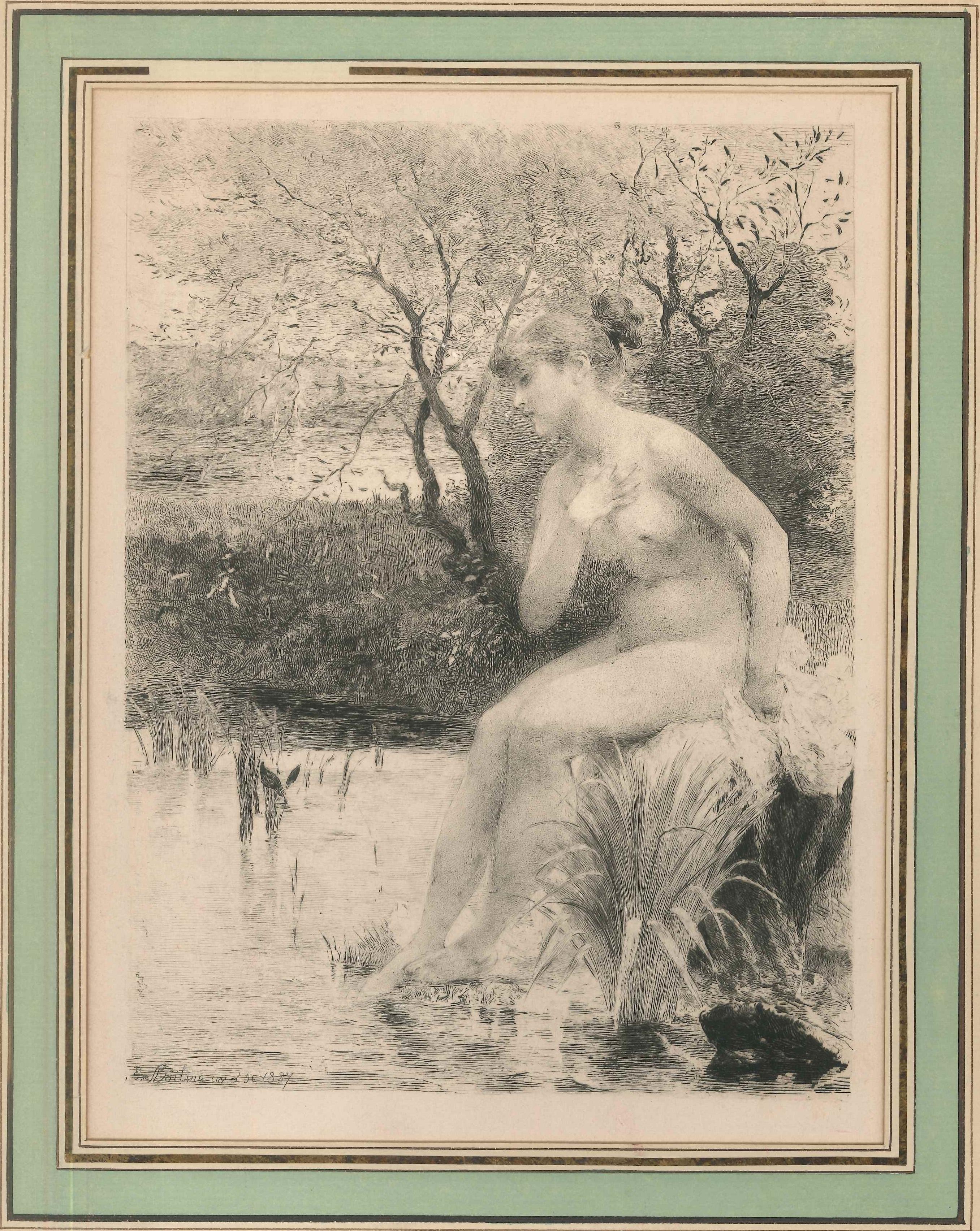 Bagneuse is an original artwork realized by Émile Boilvin in 1887. Original Etching on paper. Passepartout included (33 x 26.5).

Signed and titled on plate on the lower left margin. 

The plate is in very good conditions. A loss of color on the