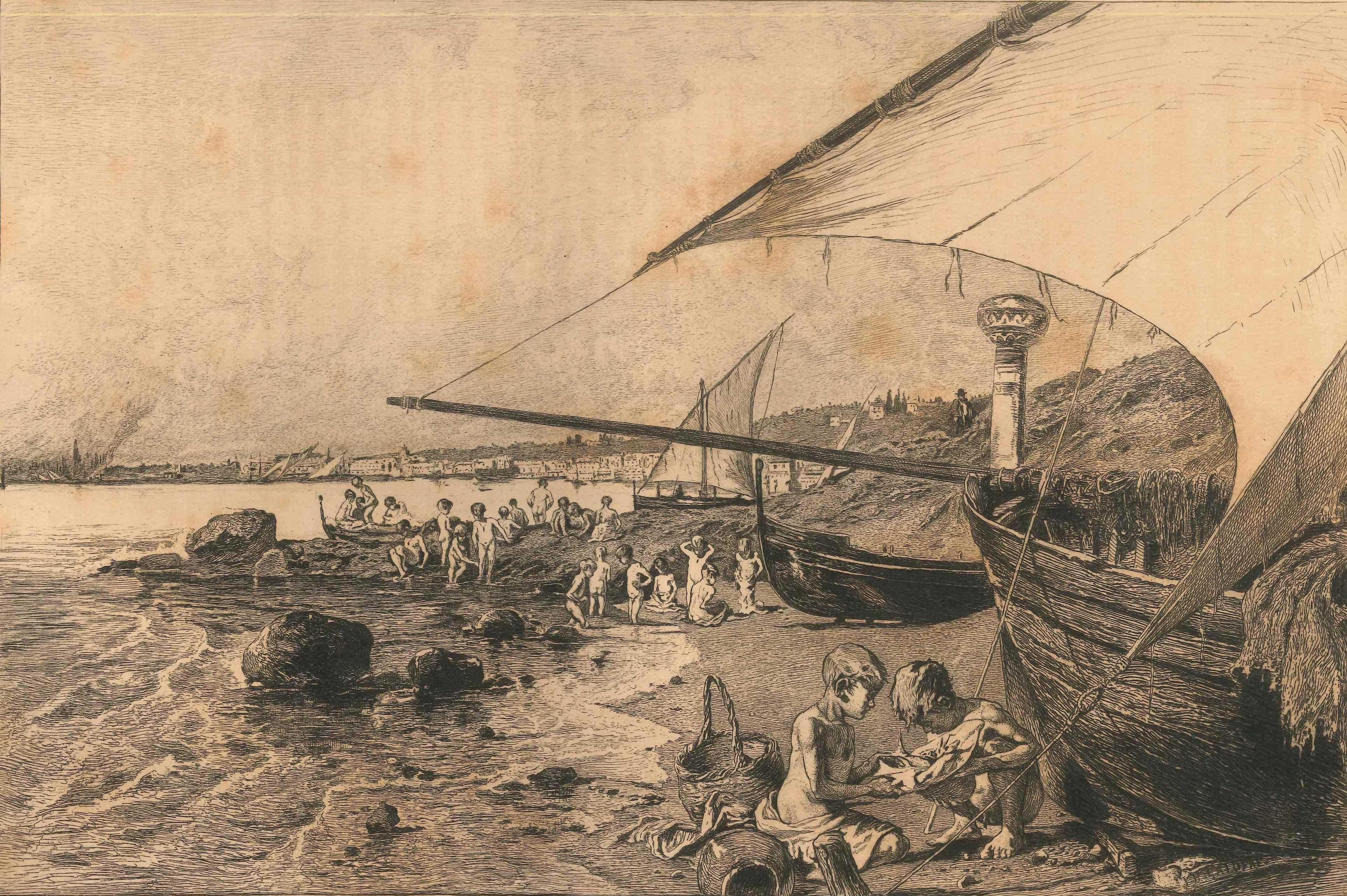 Prs de Naples - Eau-forte originale de Gustave Greux - 1880