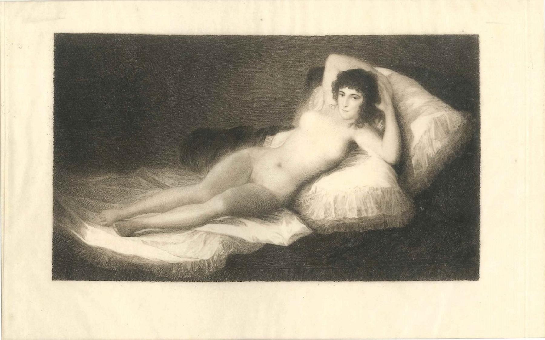 Charles Albert Waltner Nude Print - La Maja - Original Etching by C.A. Waltner After F. Goya - End of 1800