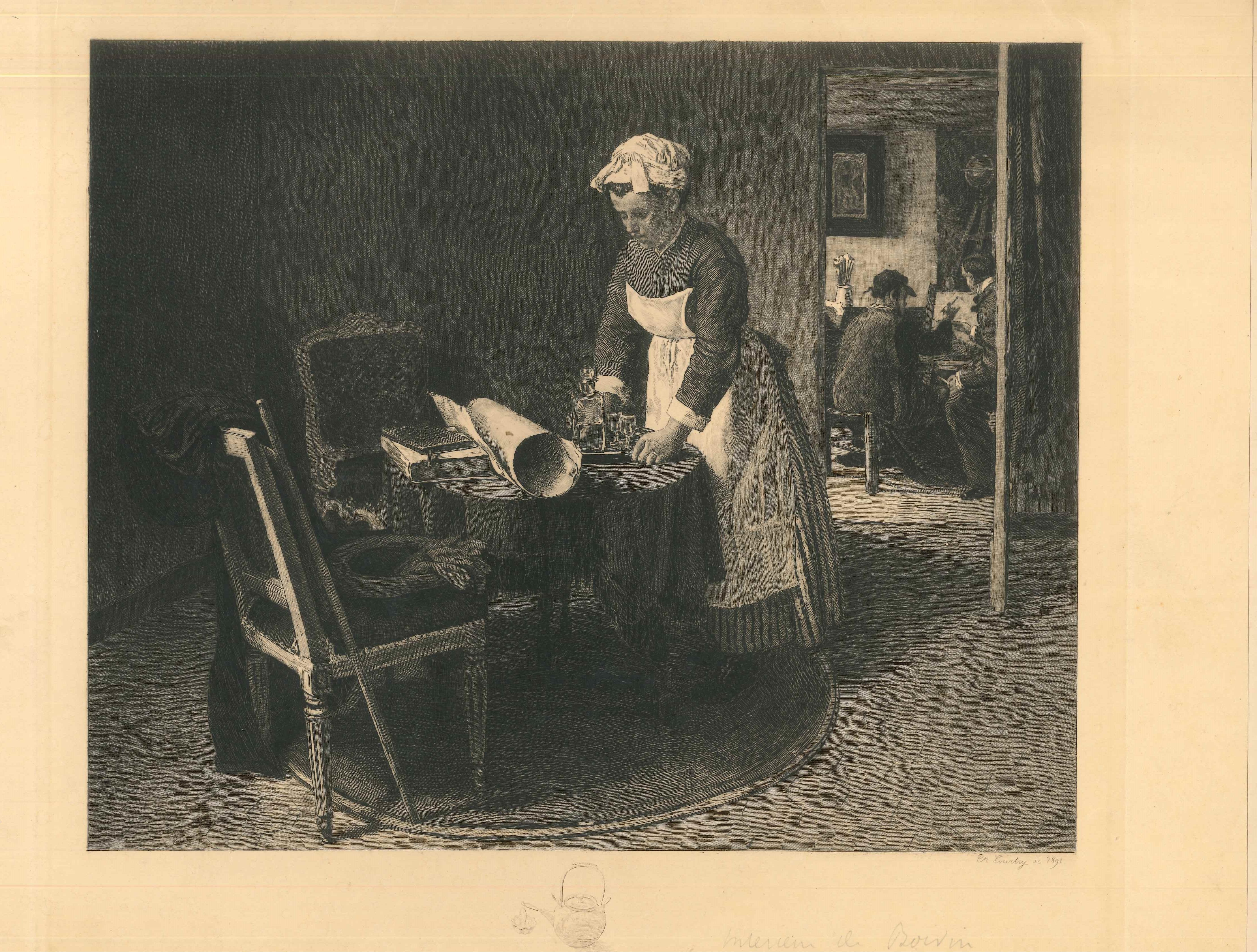 Chez François Bouvin est une magnifique gravure réalisée en 1891 par Charles Courtry, d'après François Bouvin.

Cette œuvre d'art moderne représentant une scène de la vie ordinaire, est une belle épreuve d'artiste, avant lettre, avec un timbre sec