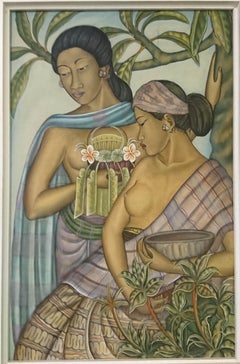 Vintage Two Balinese Women - Mixed Media on Canvas by the Cercle of A.A.G.Sobrat