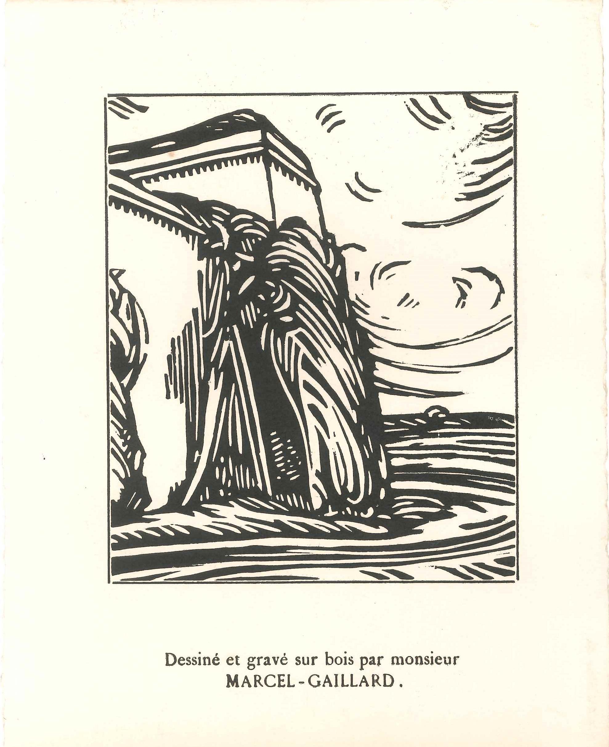Desert ist eine wunderschöne Schwarz-Weiß-Xylographie auf elfenbeinfarbenem Papier des französischen Landschaftsmalers Marcel Gaillard (1886 - 1947).

Dieser Originaldruck, der ein orientalisches Gebäude in der Wüste darstellt, wird durch eine sehr