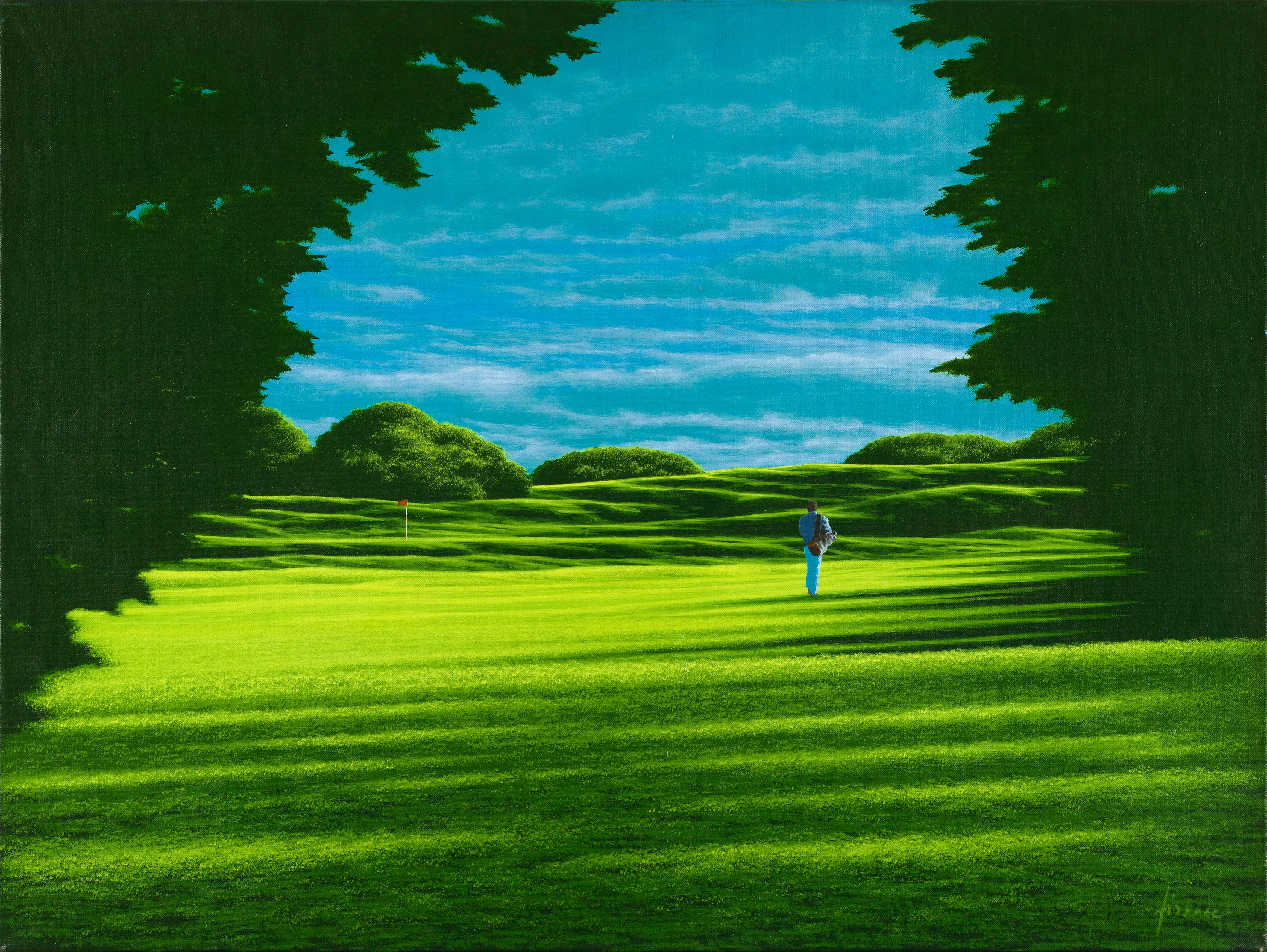 Green is an original oil on canvas realized by Daniele Fissore in 2001.

Hand-signed on the lower right. The certificate of authenticity is on a black and white photograph, hand-signed by the artist.

The artwork represents a golfer from behind in a