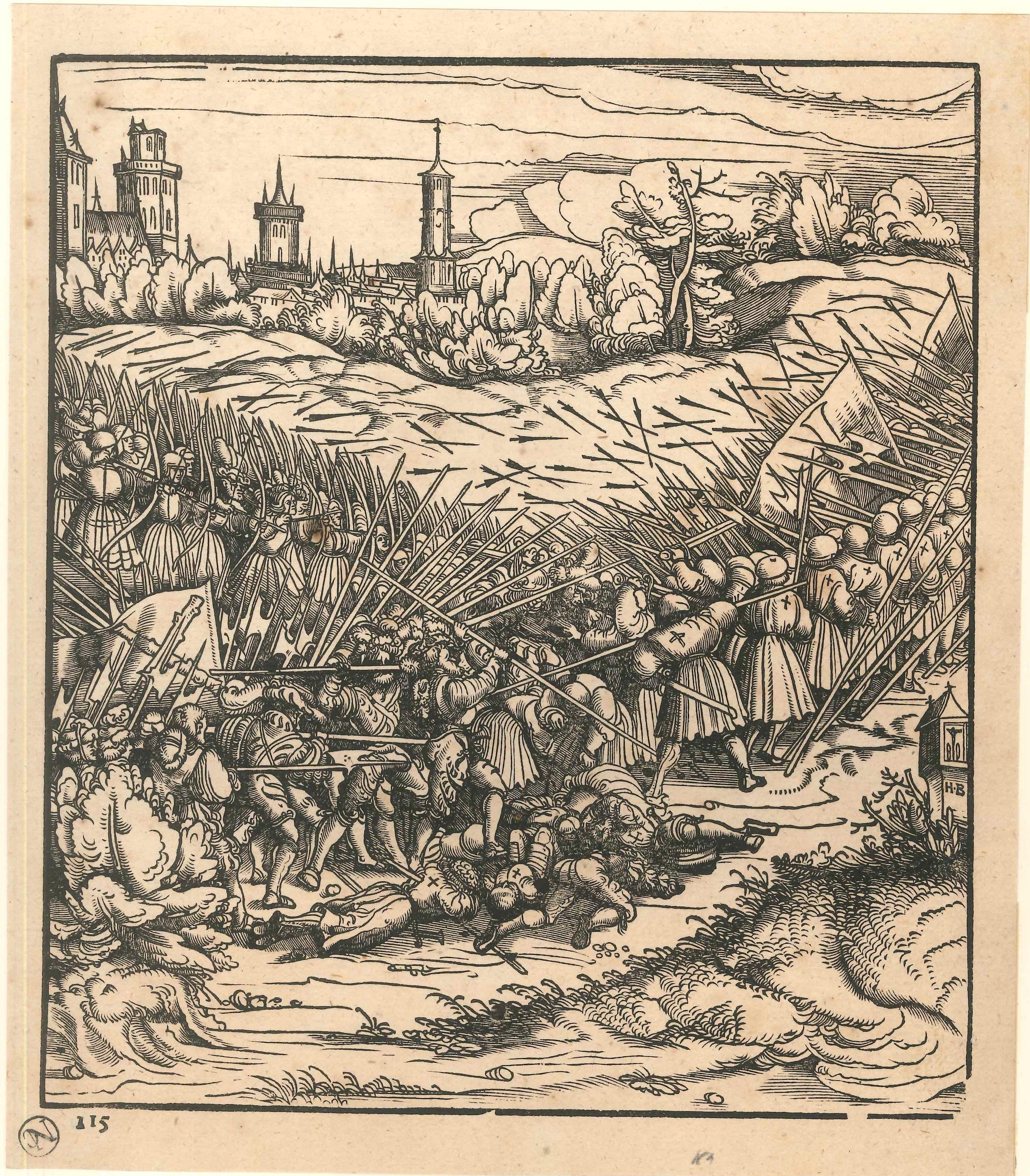 Escena de batalla es una obra original realizada en 1799 (a partir de una obra original realizada en 1515) por Hans Burgkmair. Litografía original sobre papel.
La obra está pegada sobre cartón (39 x 27 cm).
Muy buenas condiciones.

Interesante obra