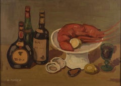 Vintage Still Life With Lobster - Oil on Canvas by Giovanni March - Late 1900