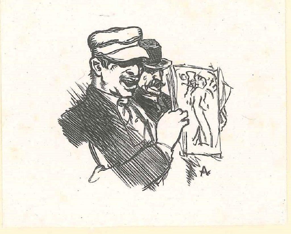 Auguste Lepère Figurative Print – Zwei Männer mit einer Illustration – Original-Holzschnitt von Auguste Lepre – 19. Jahrhundert