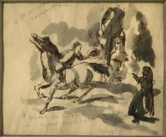 Le Depart du Village - Disegno originale a inchiostro di China qualsiasi L.T. Foujita
