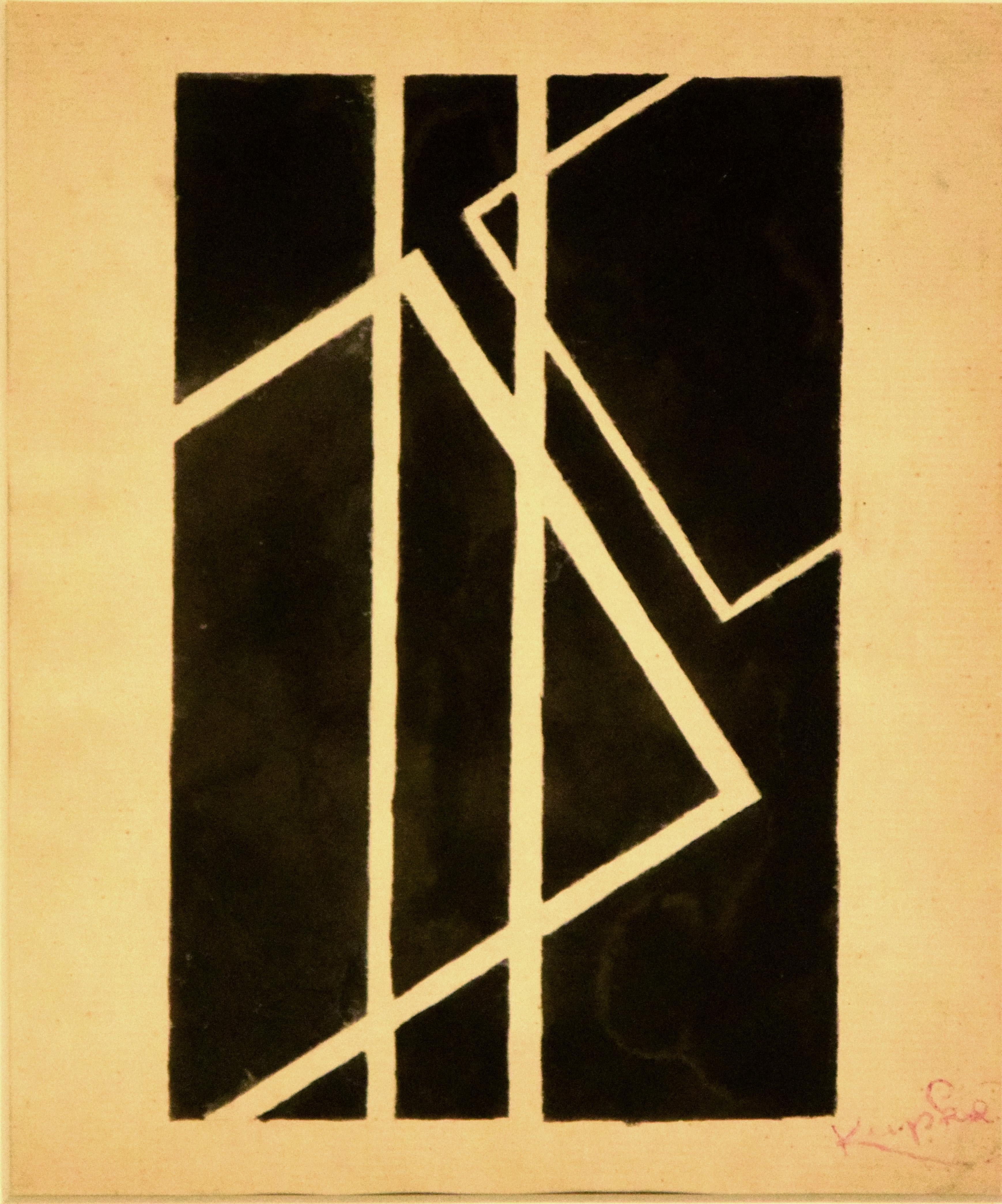 Schwarze geometrische Komposition – China-Tintezeichnung von F. Kupka  – Art von Frantisek Kupka