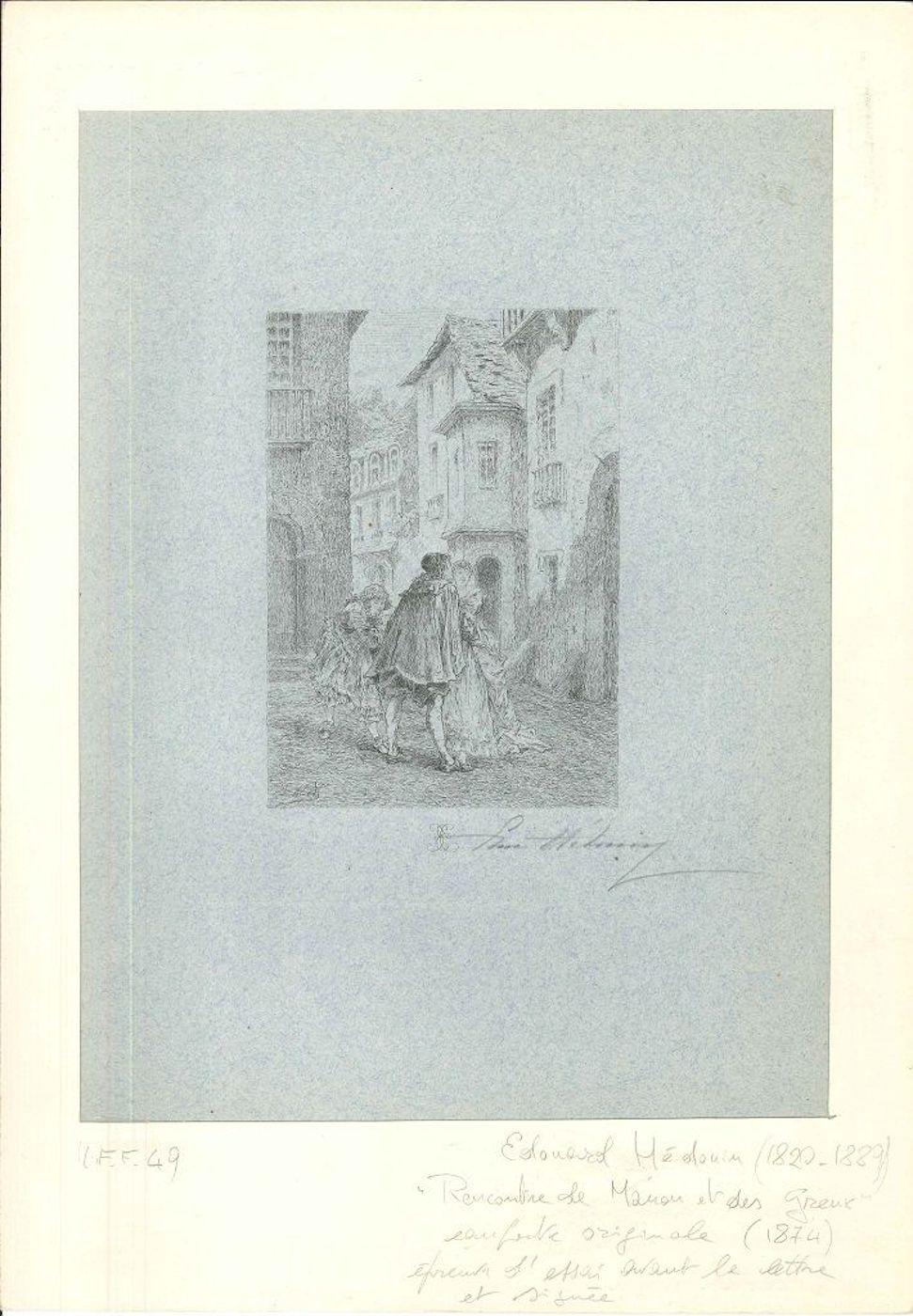 Bildmaße 13,3x9 cm.
Rencontre de Manon et des Greux ist ein Originalkunstwerk von Edouard Médouin aus dem Jahr 1874. 
Original-Radierung auf farbigem Papier. Passepartout inklusive.
Handsigniert vom Künstler in der rechten unteren Ecke. Signiert auf
