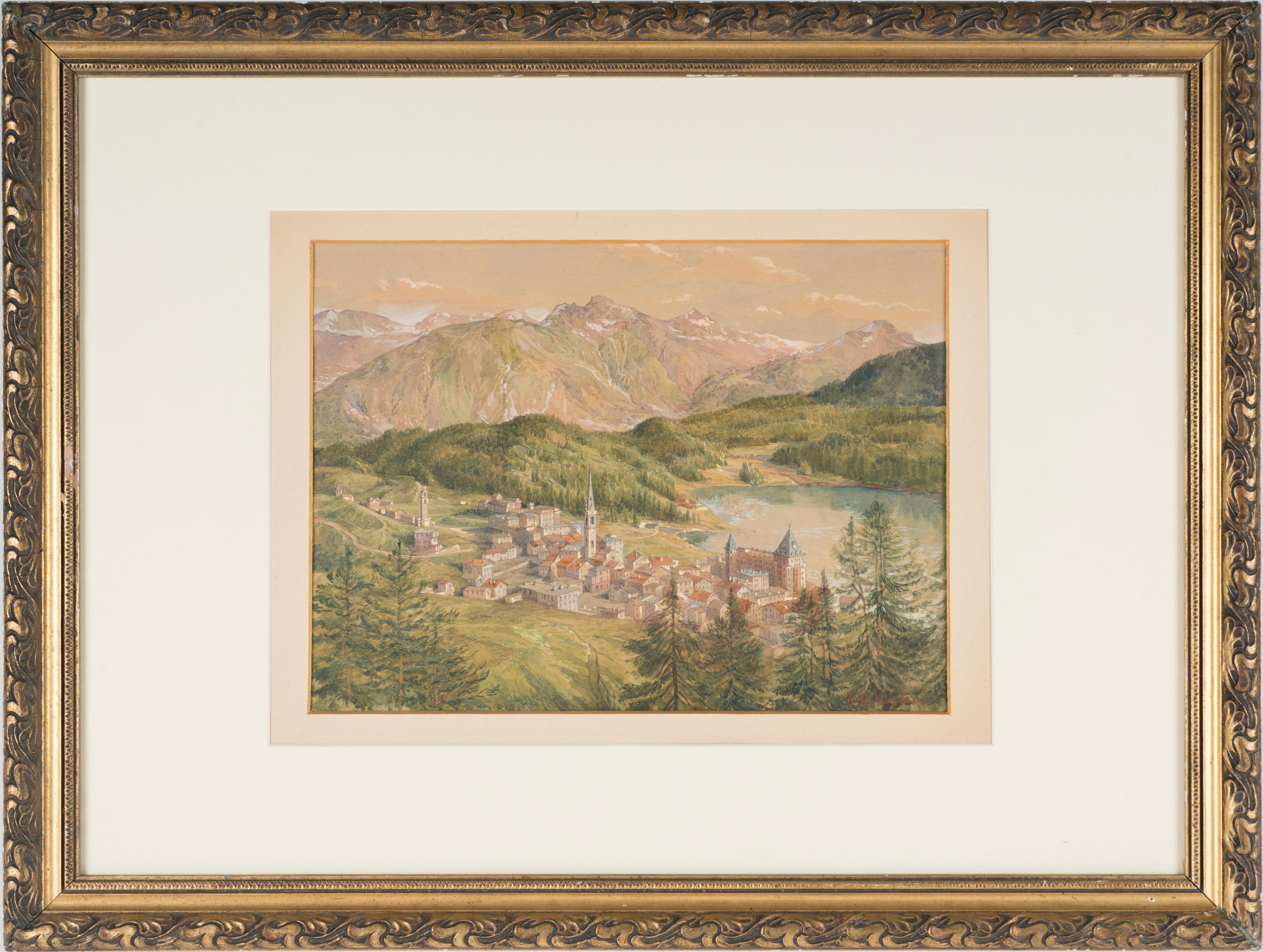 View of Sankt Moritz - Watercolor on paper by H. B. Wieland - 1900/1920 - Art by Hans Beat Wieland