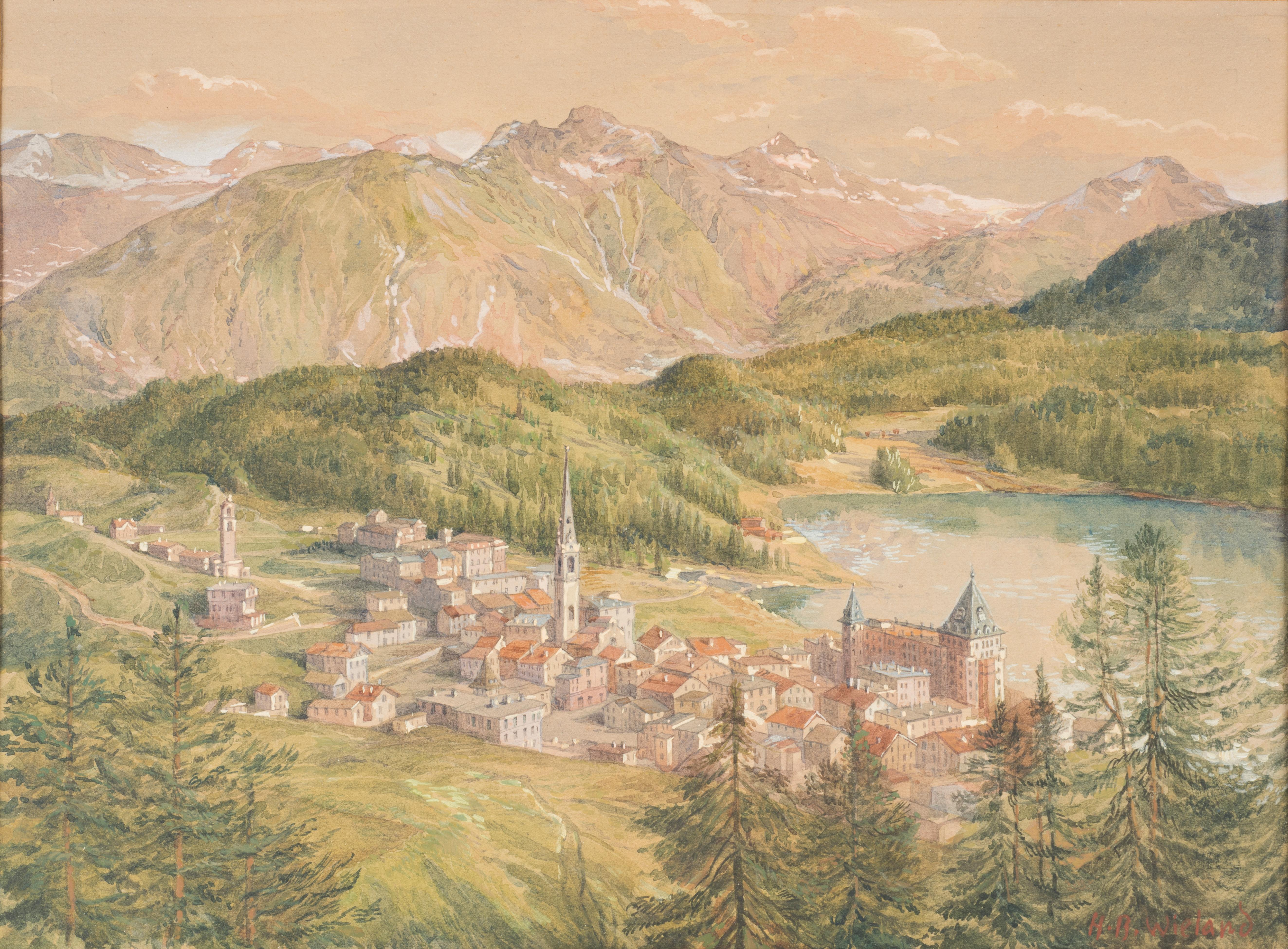 Hans Beat Wieland Figurative Art - View of Sankt Moritz - Watercolor on paper by H. B. Wieland - 1900/1920