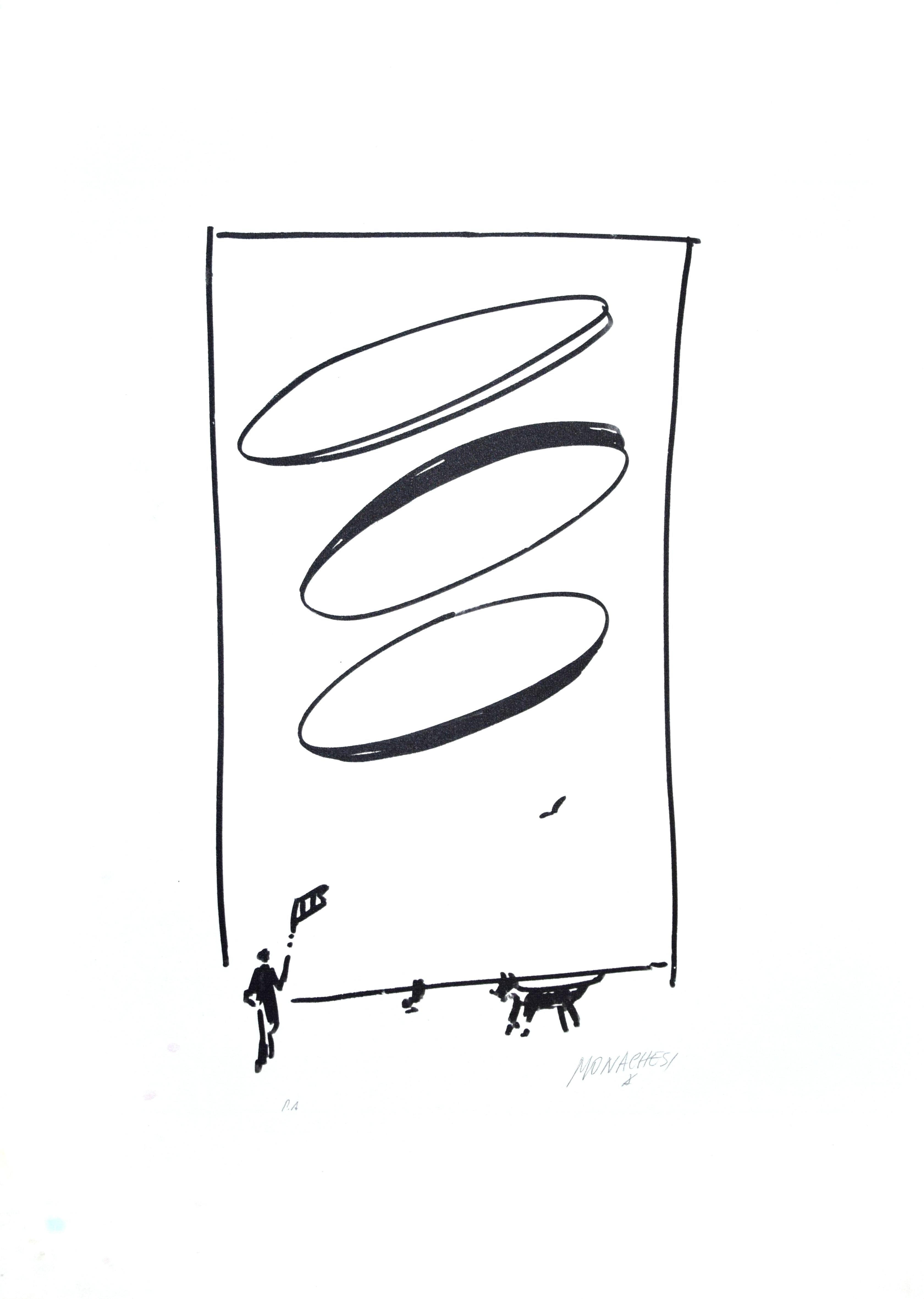 Homme et chien est une sérigraphie originale en noir et blanc réalisée par Sante Monachesi.
Signé à la main au crayon par l'artiste en bas à droite. Épreuve d'artiste.
Très bonnes conditions..

Cette œuvre d'art originale représente une composition
