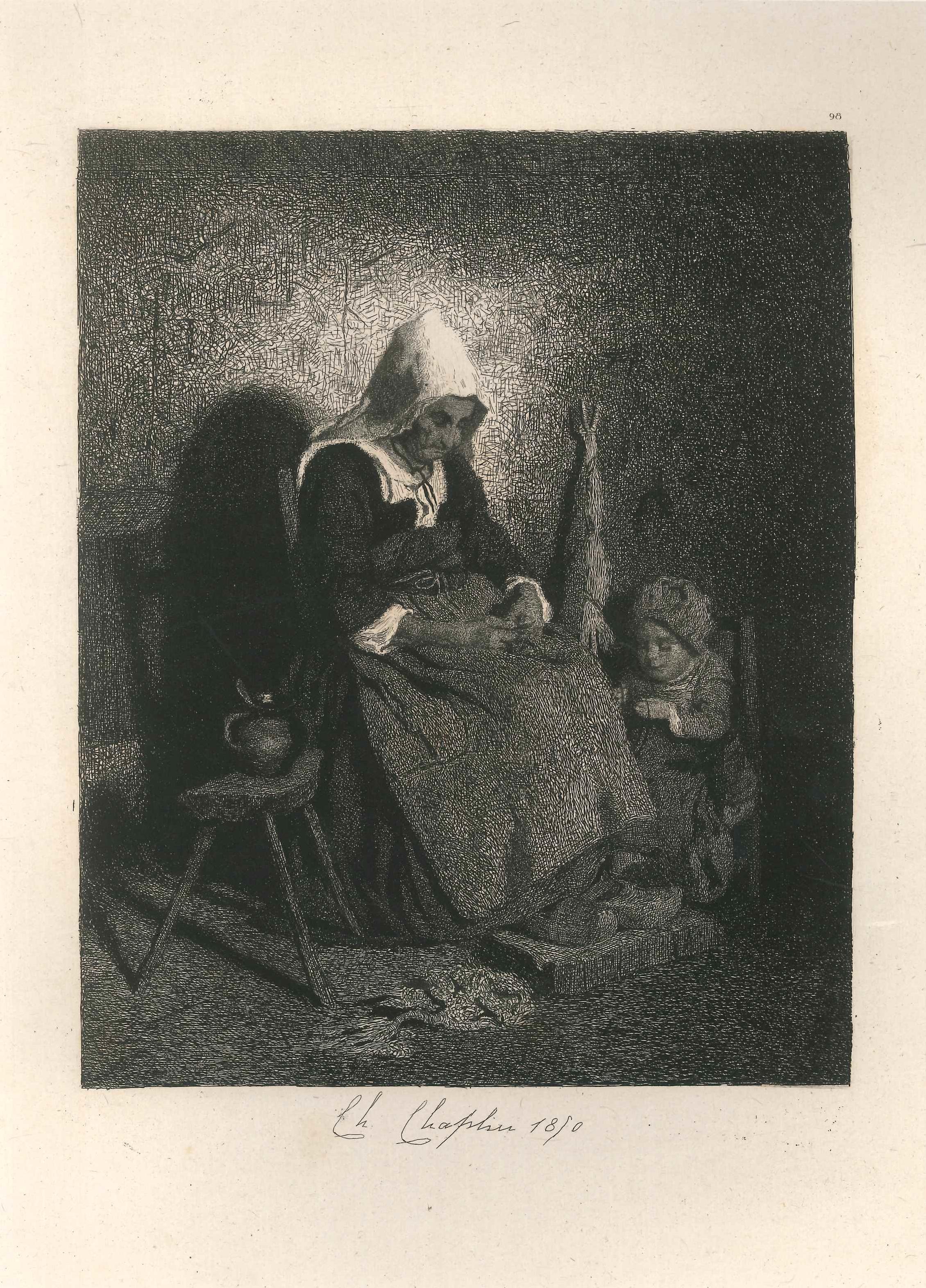 Fileuse et son enfant ist ein Originalkunstwerk des französischen Künstlers Charles Chaplin aus dem Jahr 1850. 

Original-Radierung auf Papier auf Porzellanpapier. 

Artist's Proof vor der Adresse. Signiert und datiert auf der Platte am unteren