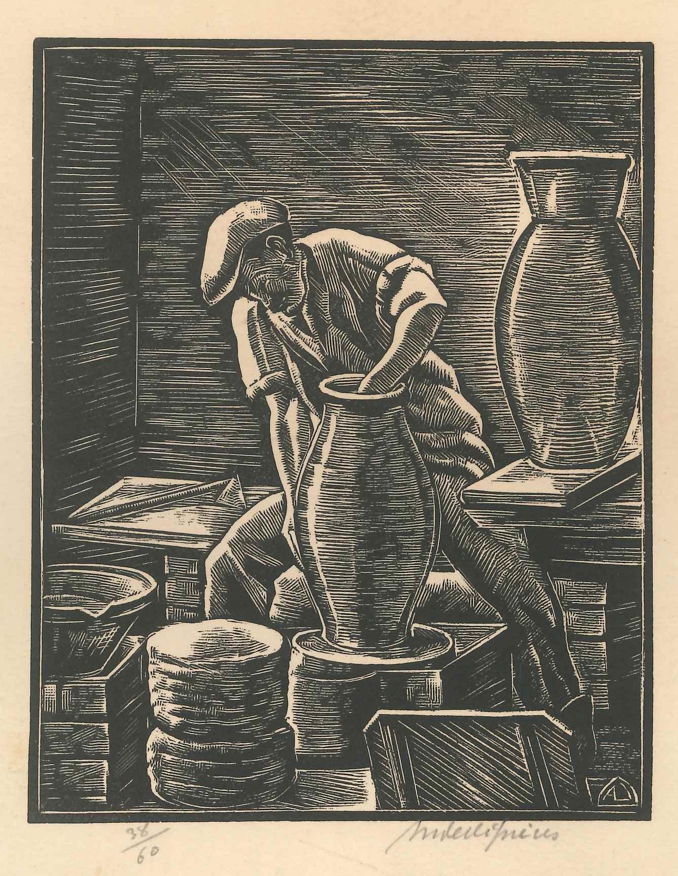 Figurative Print André Desligneres - Potter at Work (Poterie au travail) - gravure sur bois originale d'Andr Desligneres - première moitié de 1900