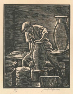 Potter at Work - Original Woodcut by André Desligneres - First Half of 1900