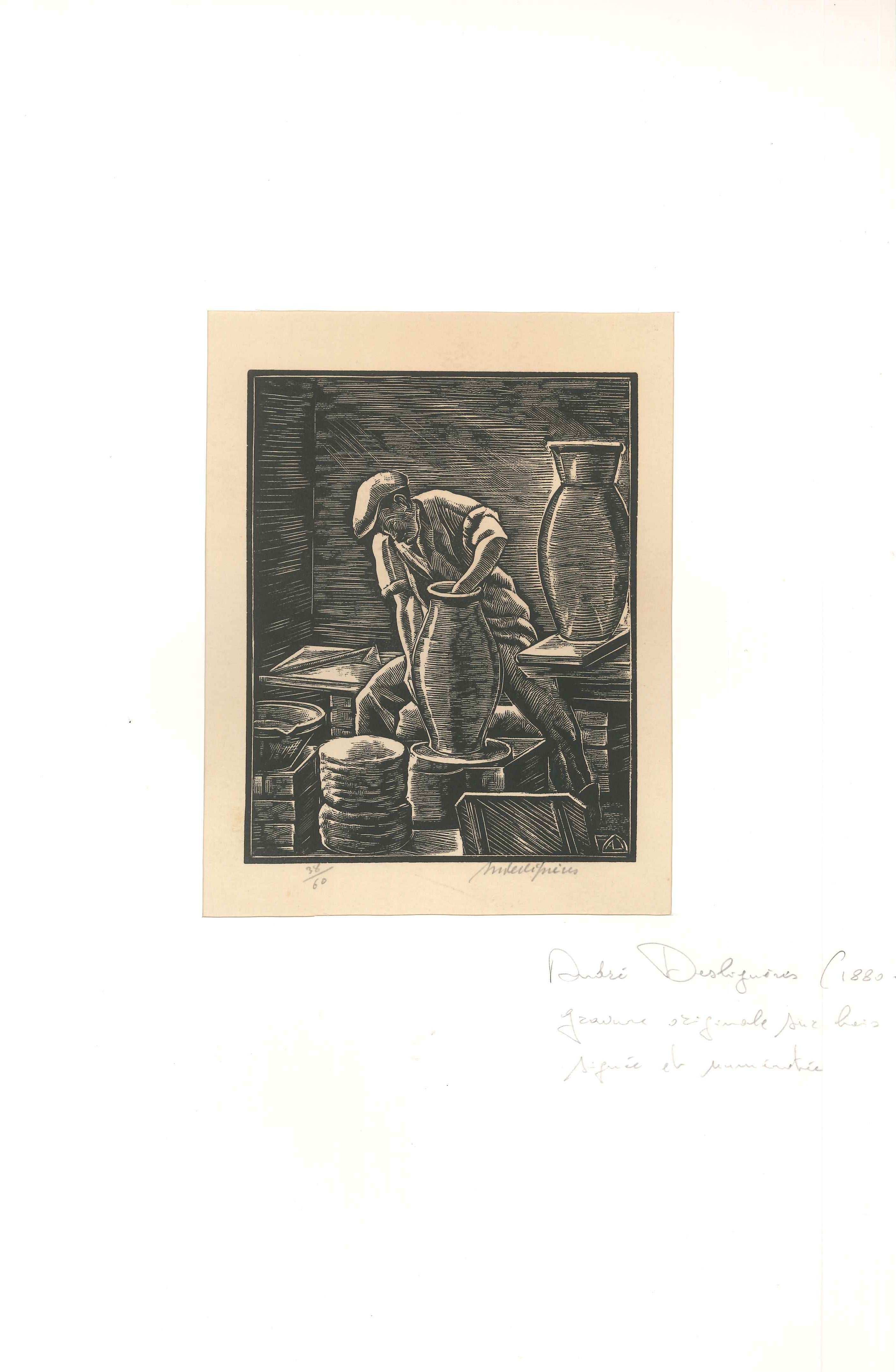 Potter at Work (Poterie au travail) - gravure sur bois originale d'Andr Desligneres - première moitié de 1900 - Print de André Desligneres