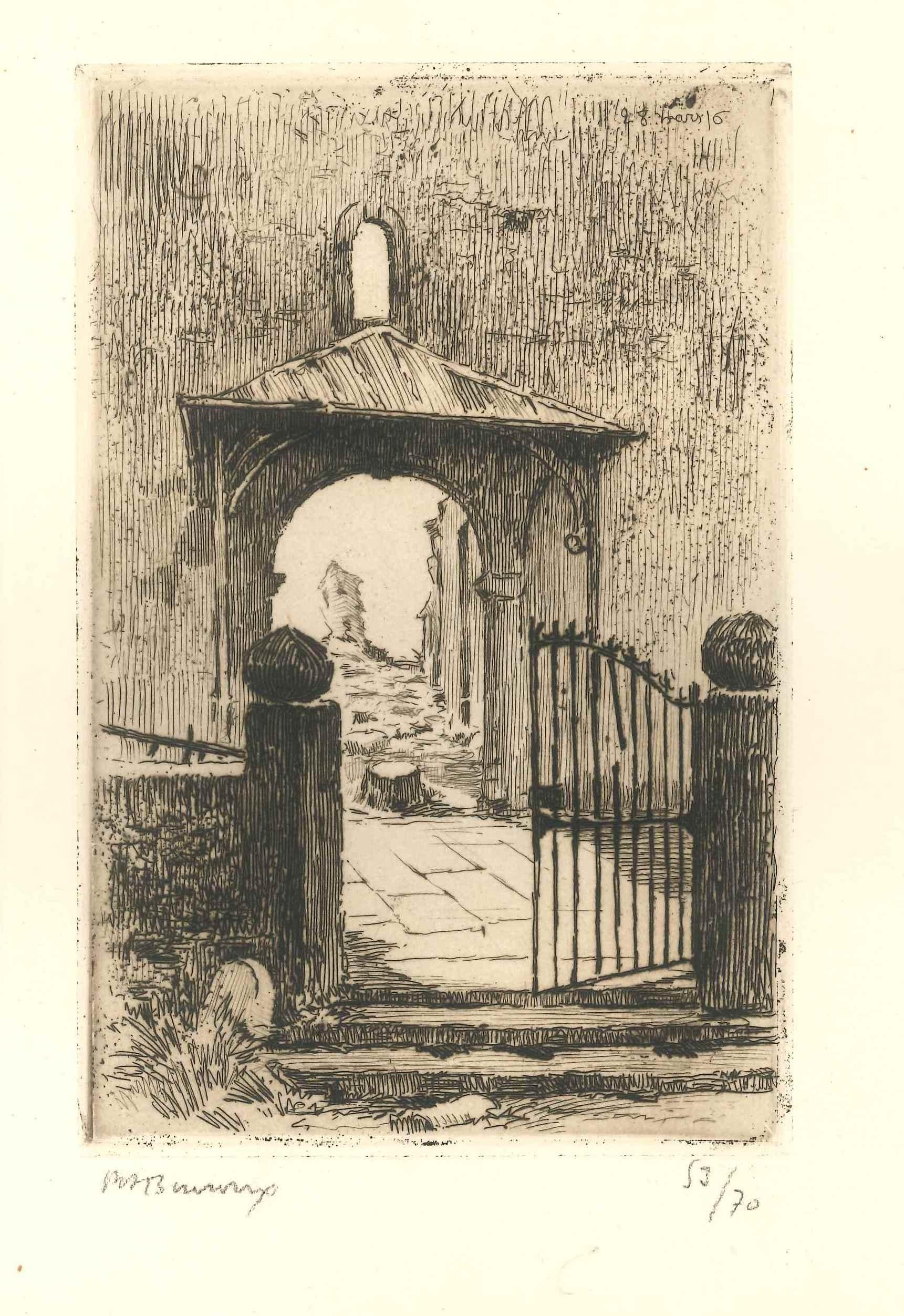 La porte - Gravure originale de Paul Adrien Bouroux - Première moitié du XXe siècle