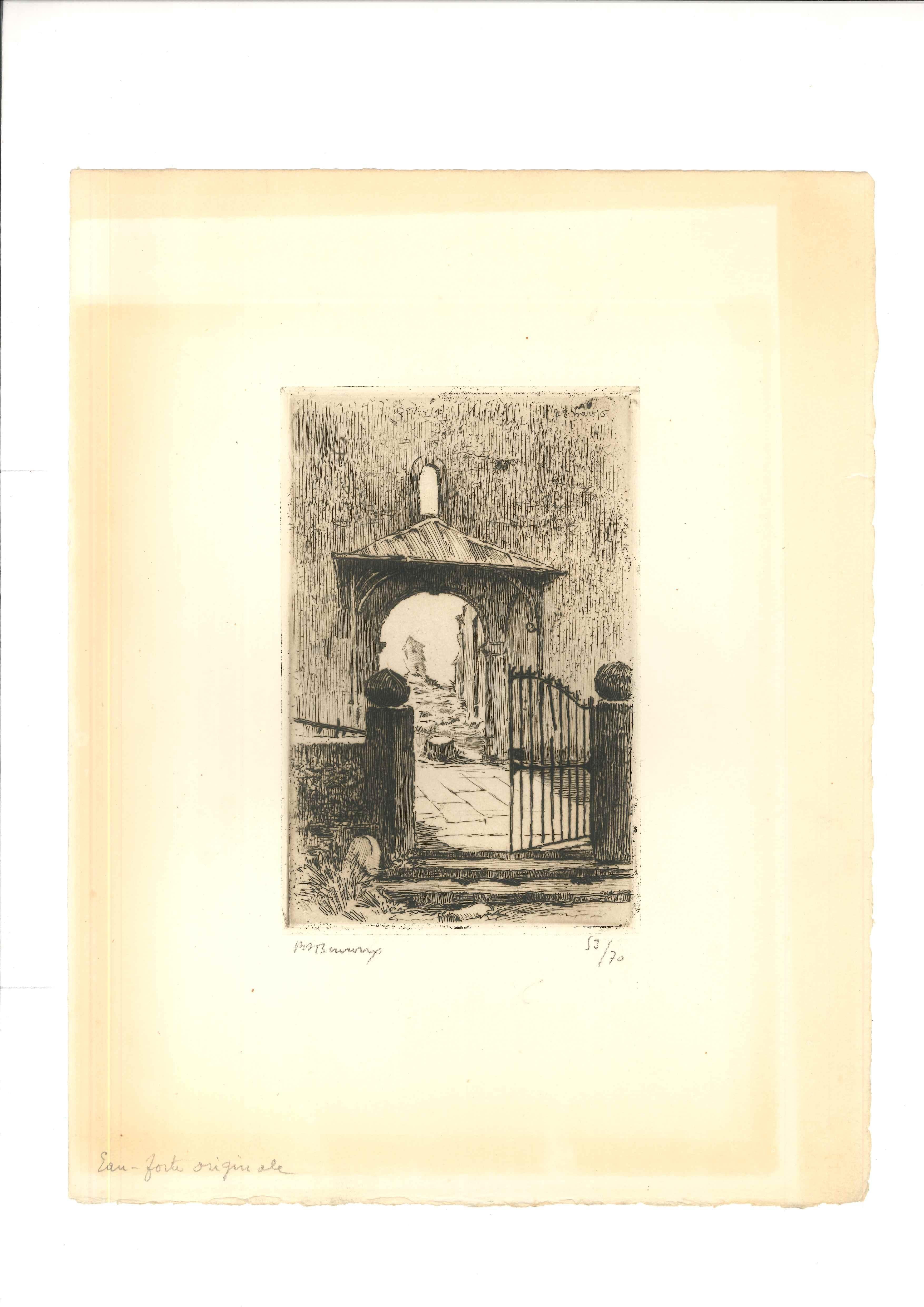 The Gate - Original Etching by Paul Adrien Bouroux - First Half of XX Century - Print by Paul-Adrien Bouroux