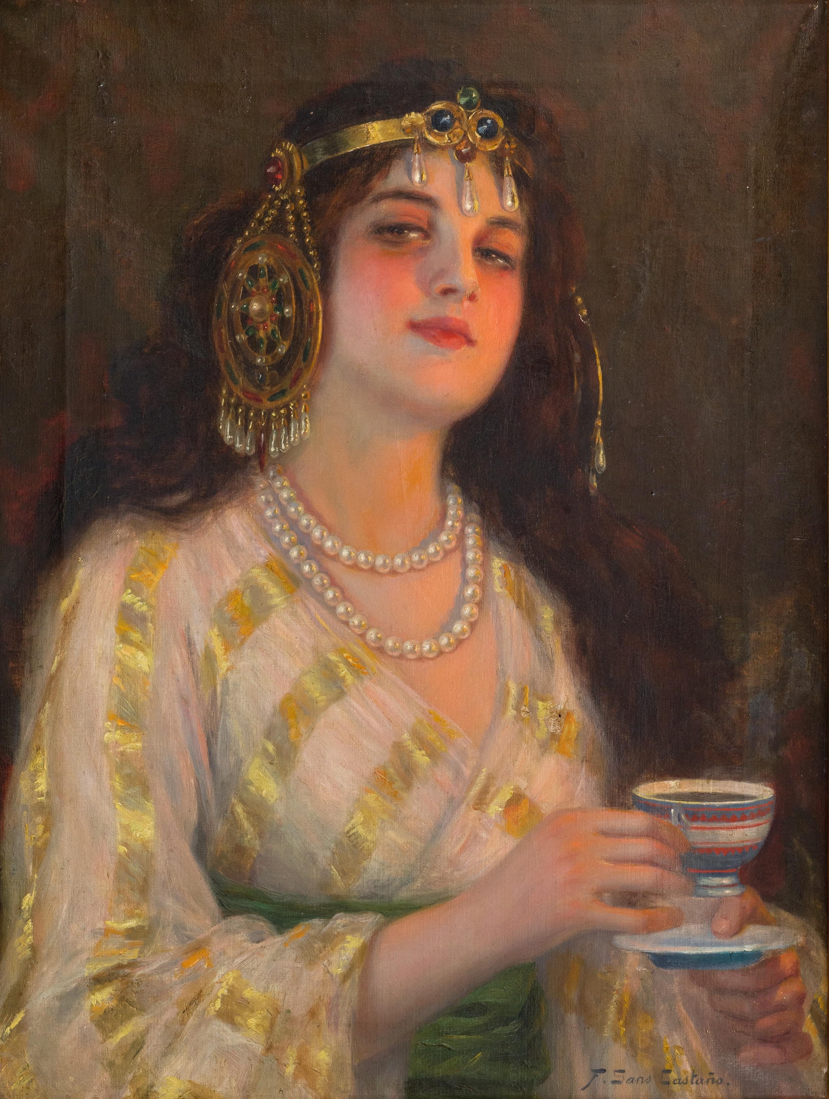 Francisco Sans Castaño Figurative Painting - Oriental Portrait of Woman - Oil Painting by F. Sans Castaño - 1890 ca. 