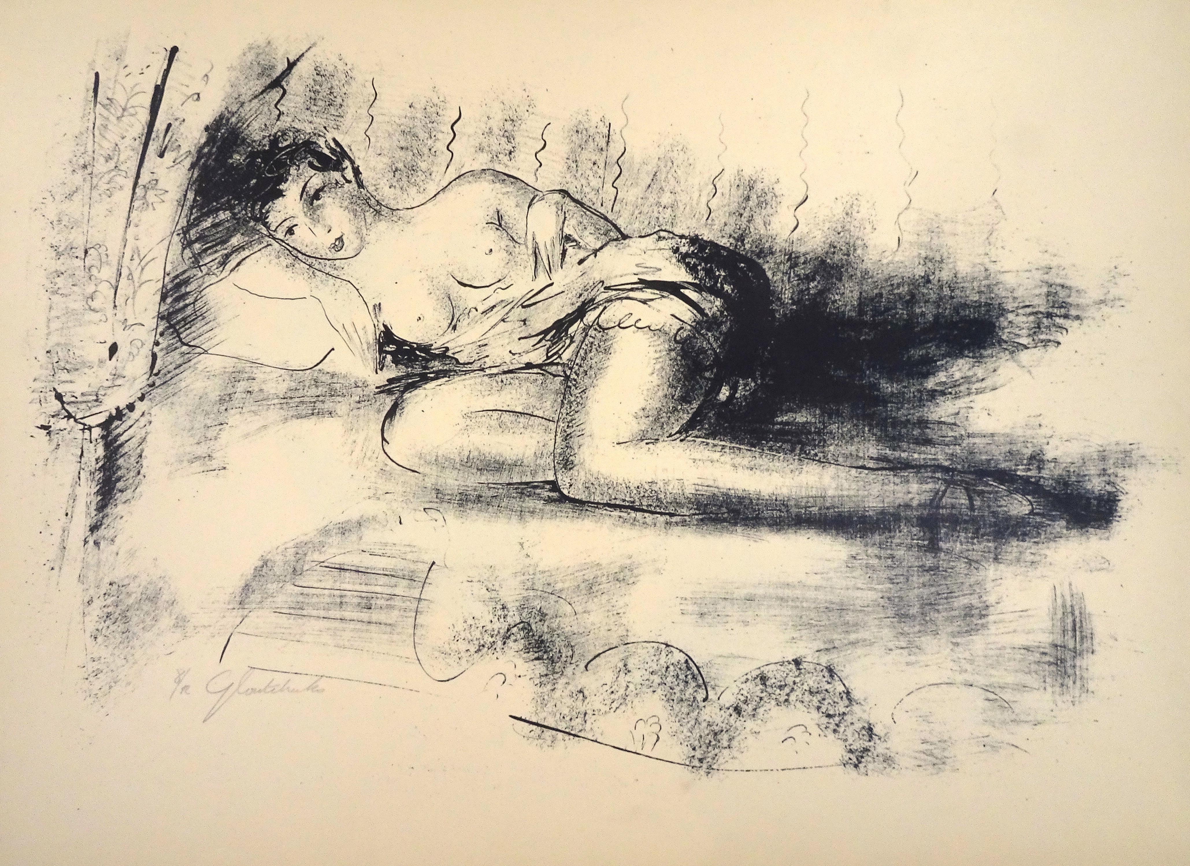 Nicolas Gloutchenko Nude Print - Female Nude - Original Lithograph on Japon Paper by N. Gloutchenko - 1928