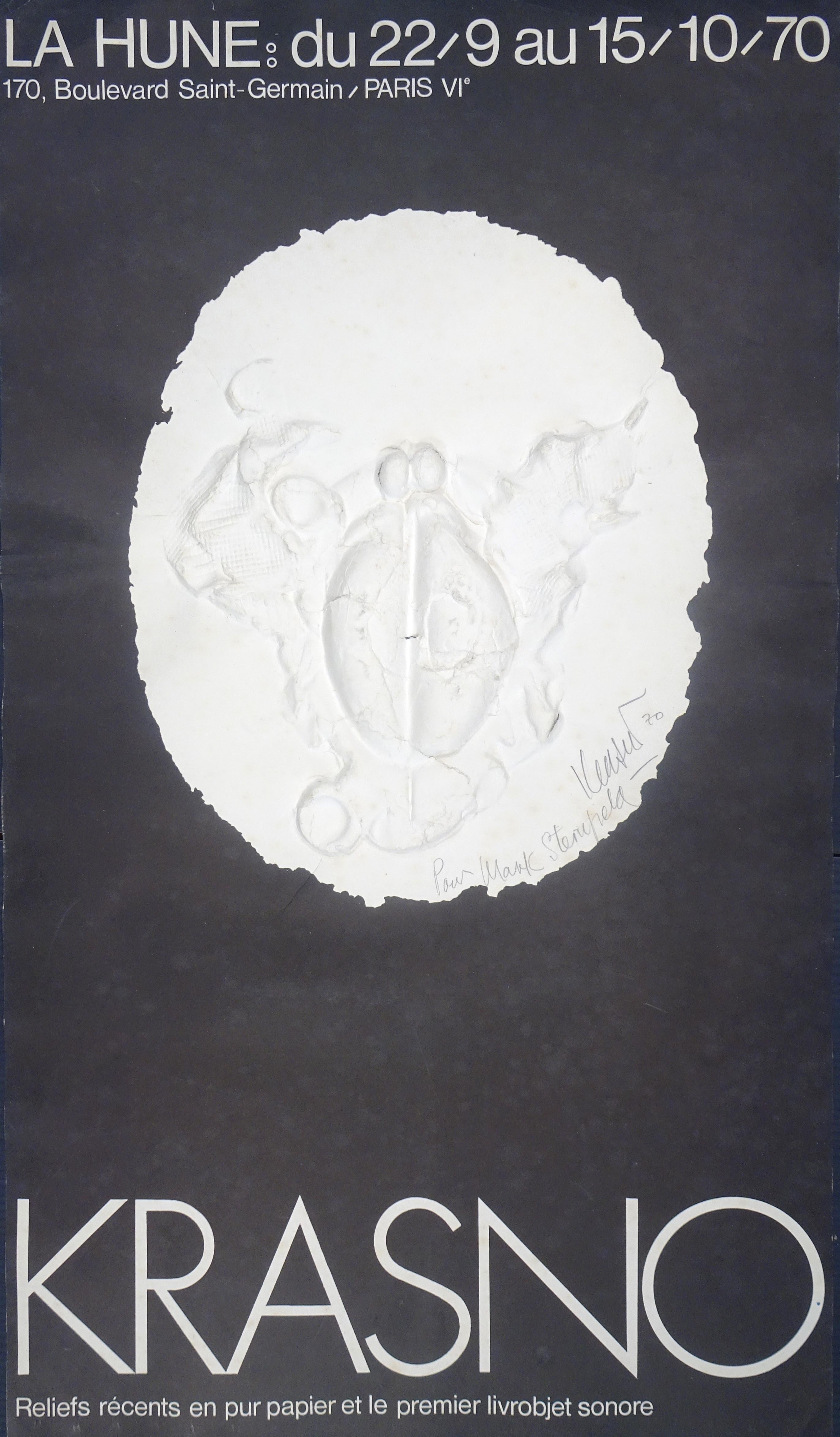 Krasno Exhibition ist ein Originalkunstwerk aus dem Jahr 1970.

Original-Affiche für die Krasno-Ausstellung im La Hune in Paris.

Rechts unten mit Bleistift handsigniert und datiert "Krasno 70". Handschriftlich mit Bleistift "Pour Mark