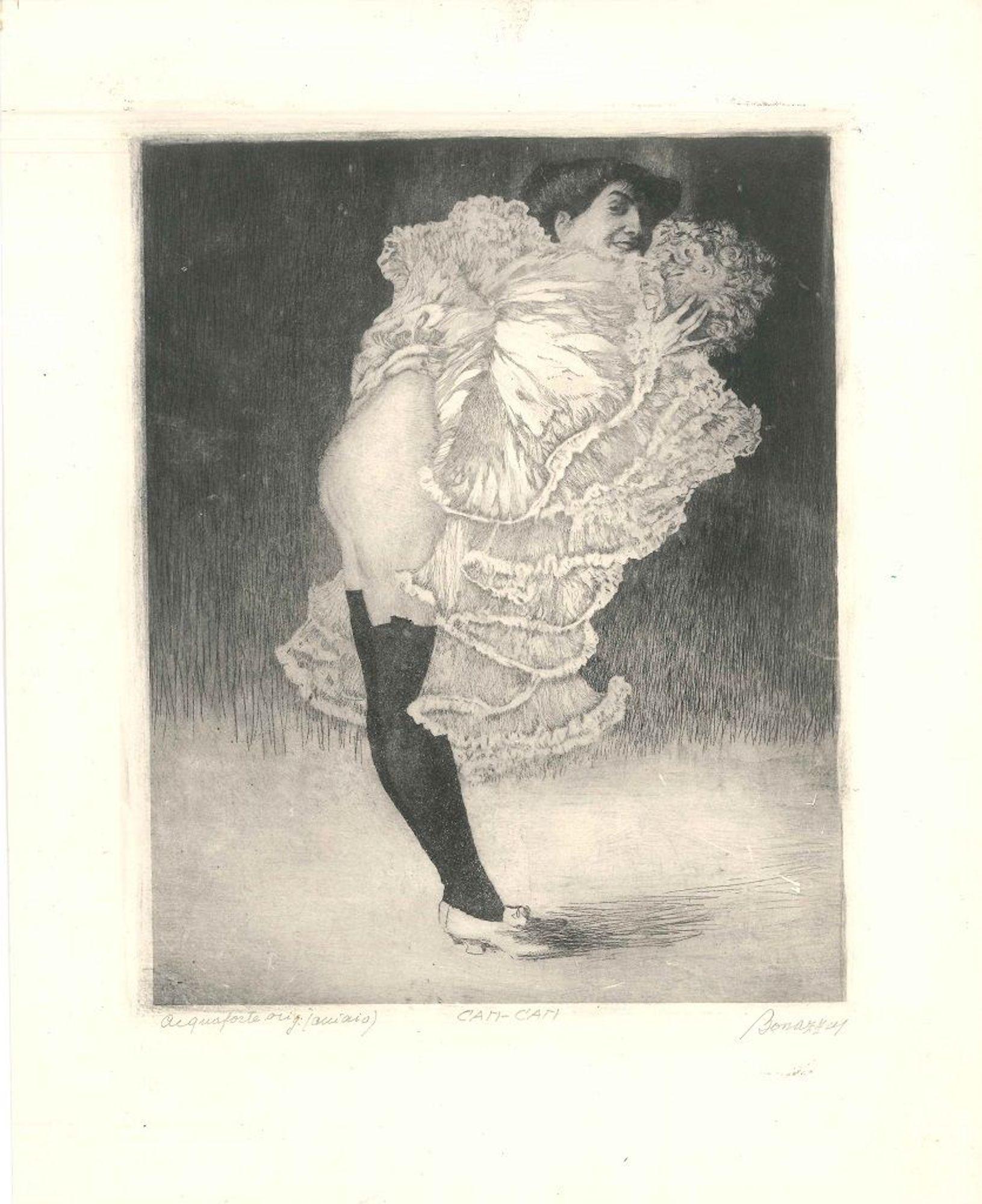 Can Can is a beautiful etching on paper, realized around 1905 by Luigi Bonazza (1877-1965).

Signed in pencil on the lower left margin. Inscription in pencil in Italian on the lower left margin "Orig. Etching (steel)."

Portrayed, etched, and