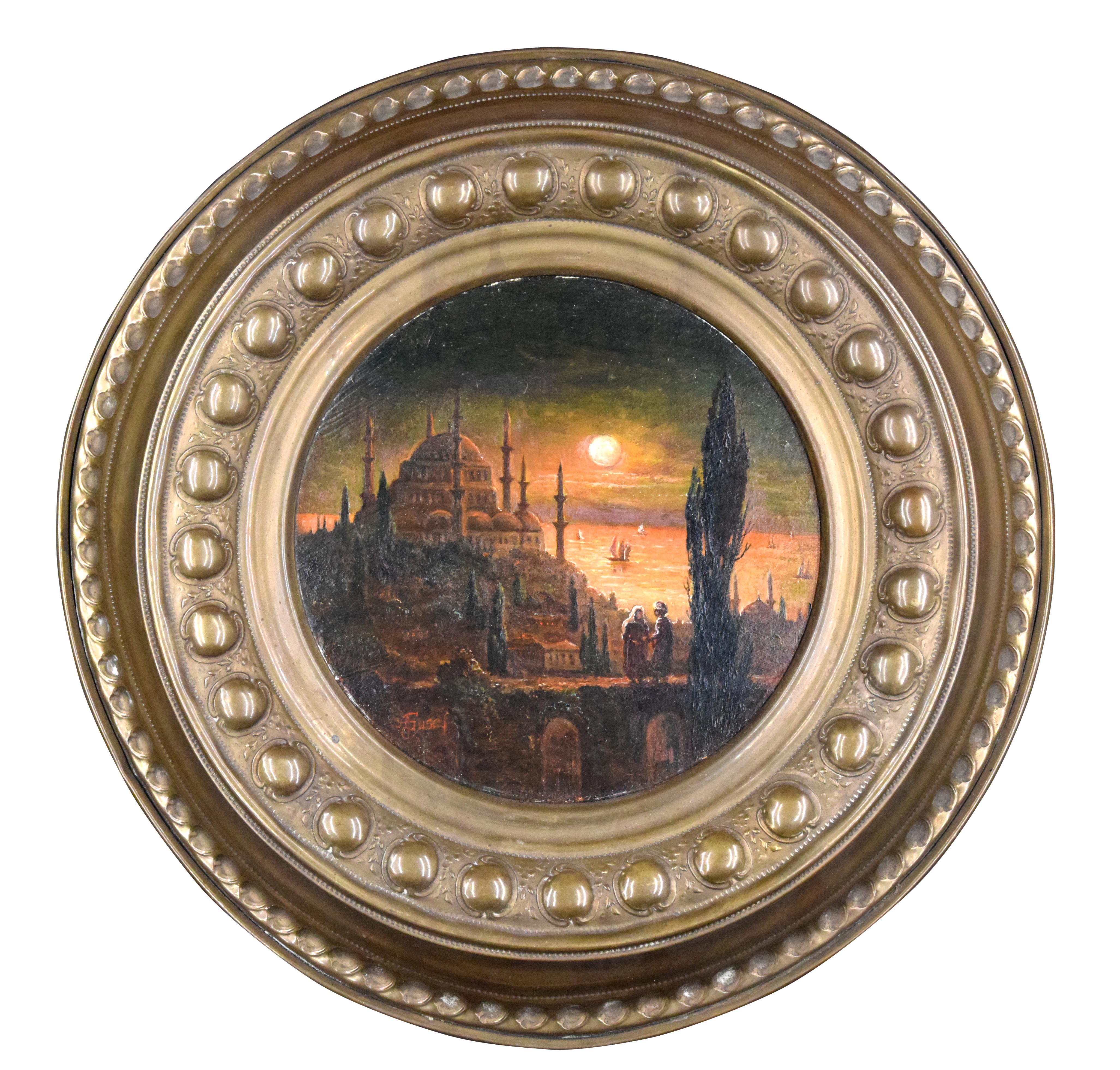 Unknown Figurative Painting - Round View of Constantinople - Original Oil on Wooden Panel 19th Century